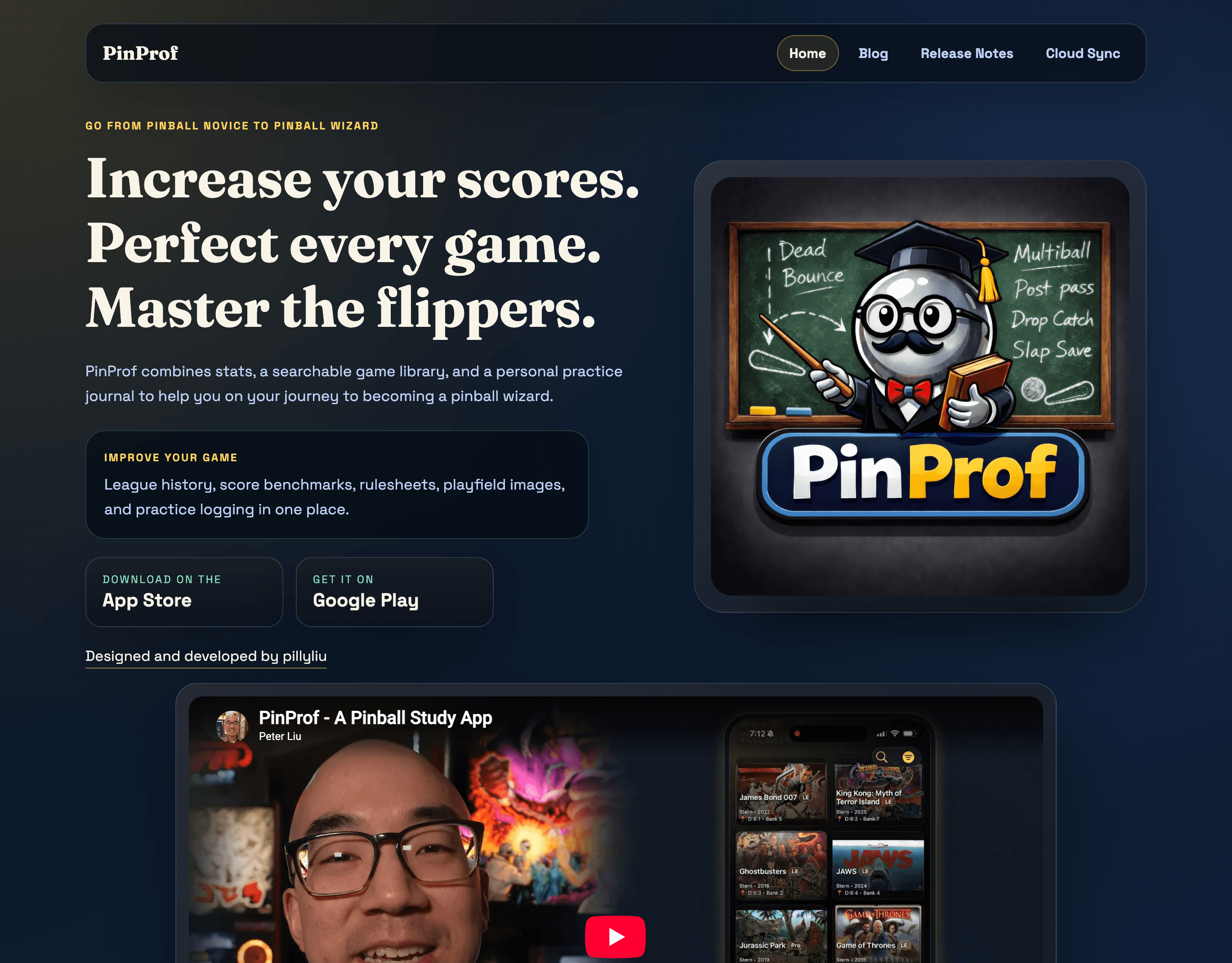 The PinProf home page, a pinball study app with stats, a game library, and a practice journal