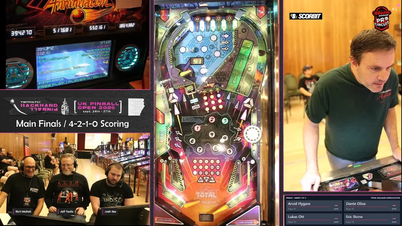 Stream frame of the UK Pinball Open finals showing Eric Stone playing Total Nuclear Annihilation
