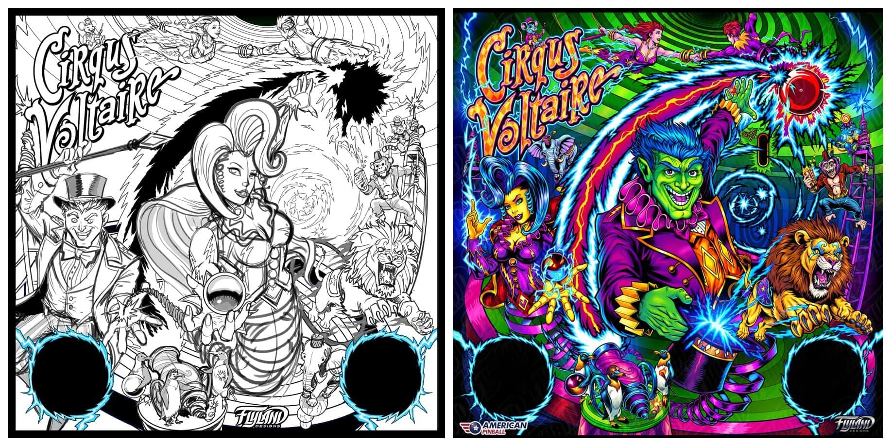 Brian Allen's early Cirqus Voltaire backglass sketch, with a woman holding a pinball at center and a top-hatted showman at left, beside the finished color backglass with the green-skinned Ringmaster at center