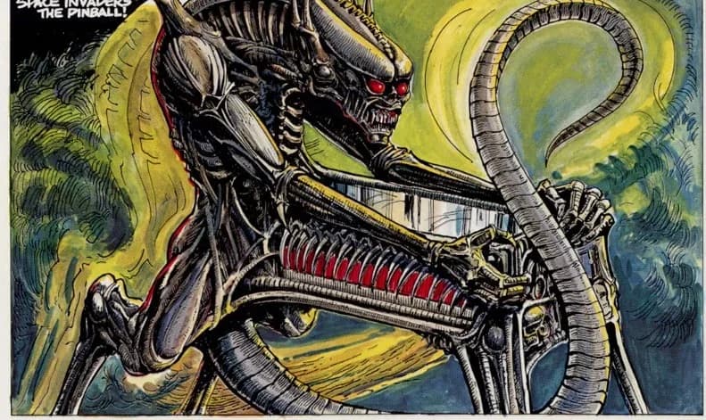 Painted alien with exposed ribs and a long curled tail, from Space Invaders pinball promotional art