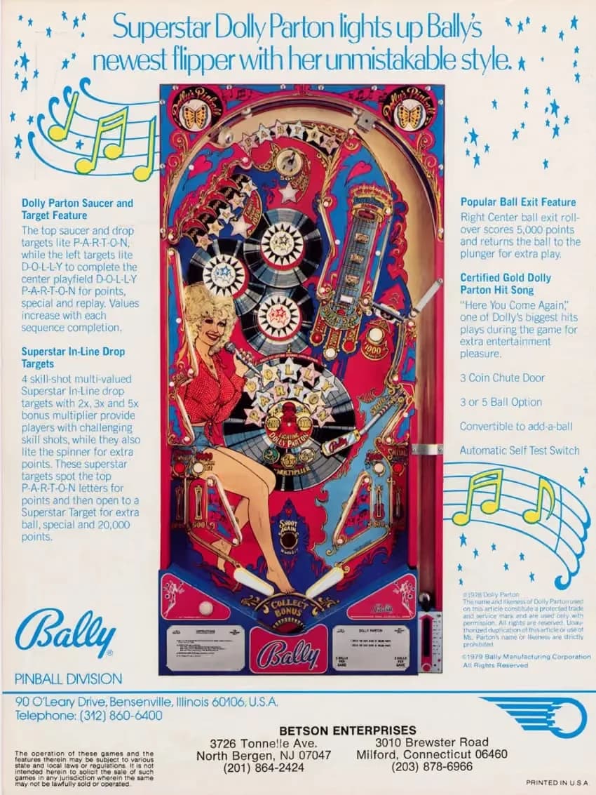 The back of Bally's Dolly Parton flyer: a full playfield illustration with Parton drawn in denim across the lower playfield, beside feature copy for the saucer and target feature, the Superstar In-Line Drop Targets, the ball exit feature and the 
