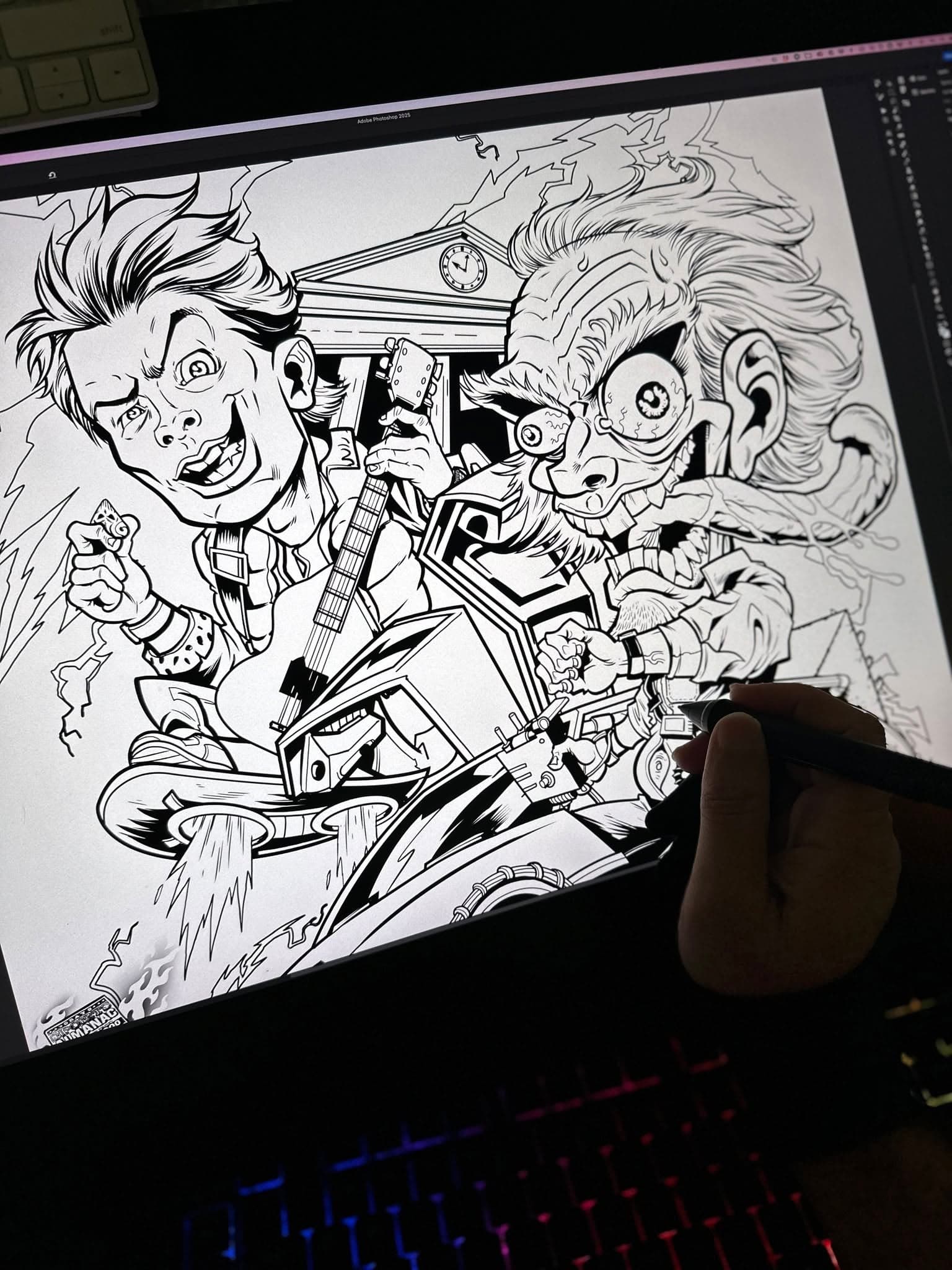 Brian Allen inking black-and-white line art of Marty McFly and Doc Brown as bug-eyed caricatures in front of the clock tower, drawing with a stylus directly on a pen display