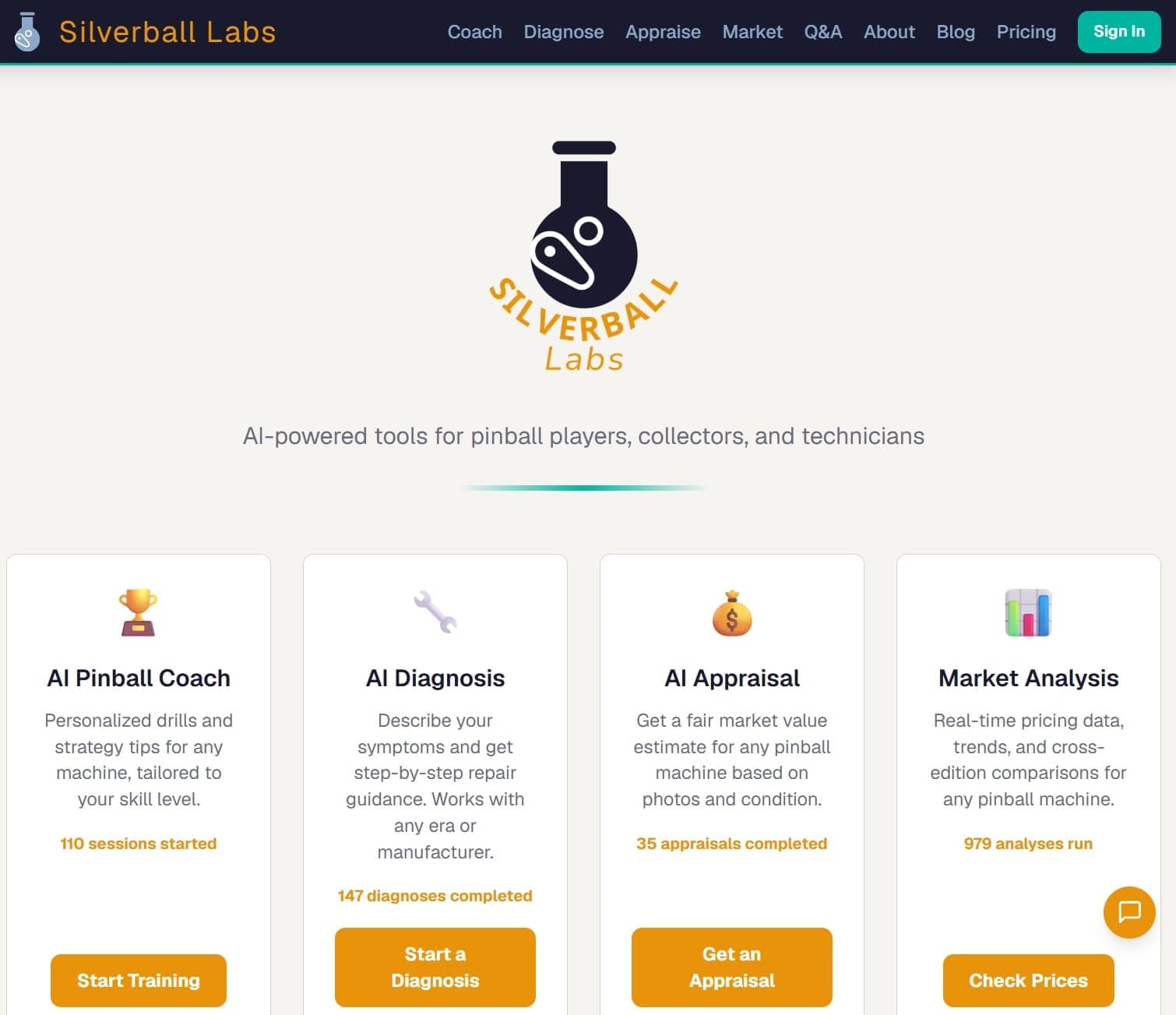 The Silverball Labs home page showing its four tools: AI Pinball Coach, AI Diagnosis, AI Appraisal, and Market Analysis