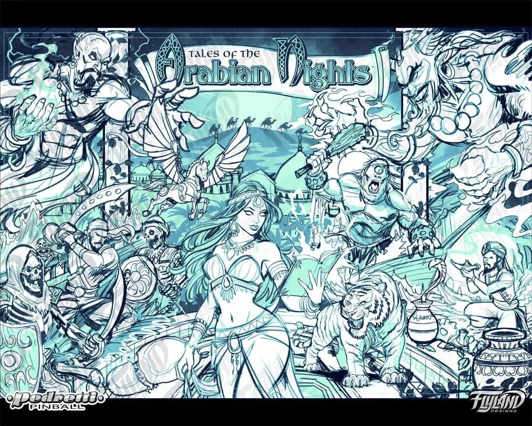 Brian Allen's early monochrome sketch of the Tales of the Arabian Nights backglass: a dancer at center with a tiger, a winged horse, a cyclops, skeleton warriors and two genies framing the title