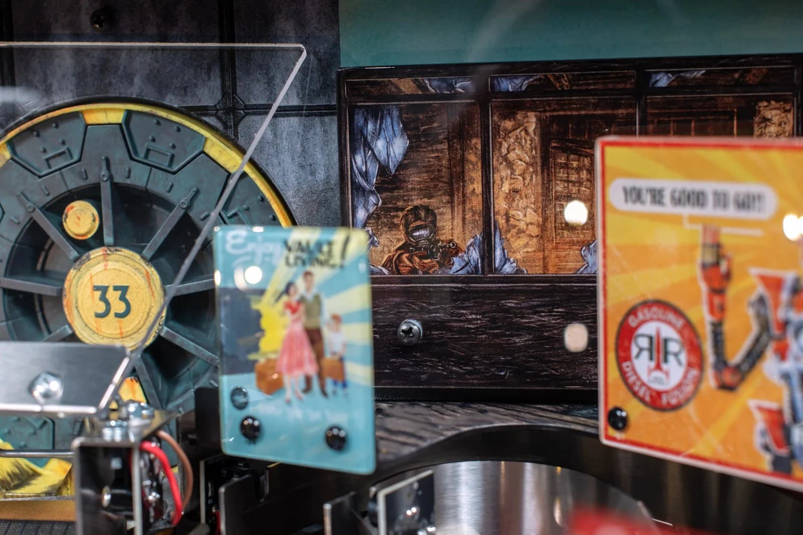 The Vault 33 door on the Pro with a red rocket-logo sign beside it