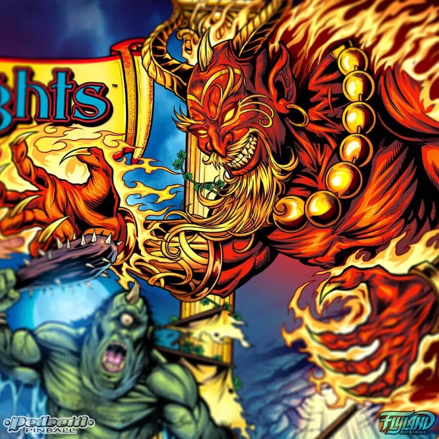 Detail of Brian Allen's finished Tales of the Arabian Nights backglass: a red, horned, fire-bearded figure with gold beads looming over a green one-eyed cyclops swinging a spiked club
