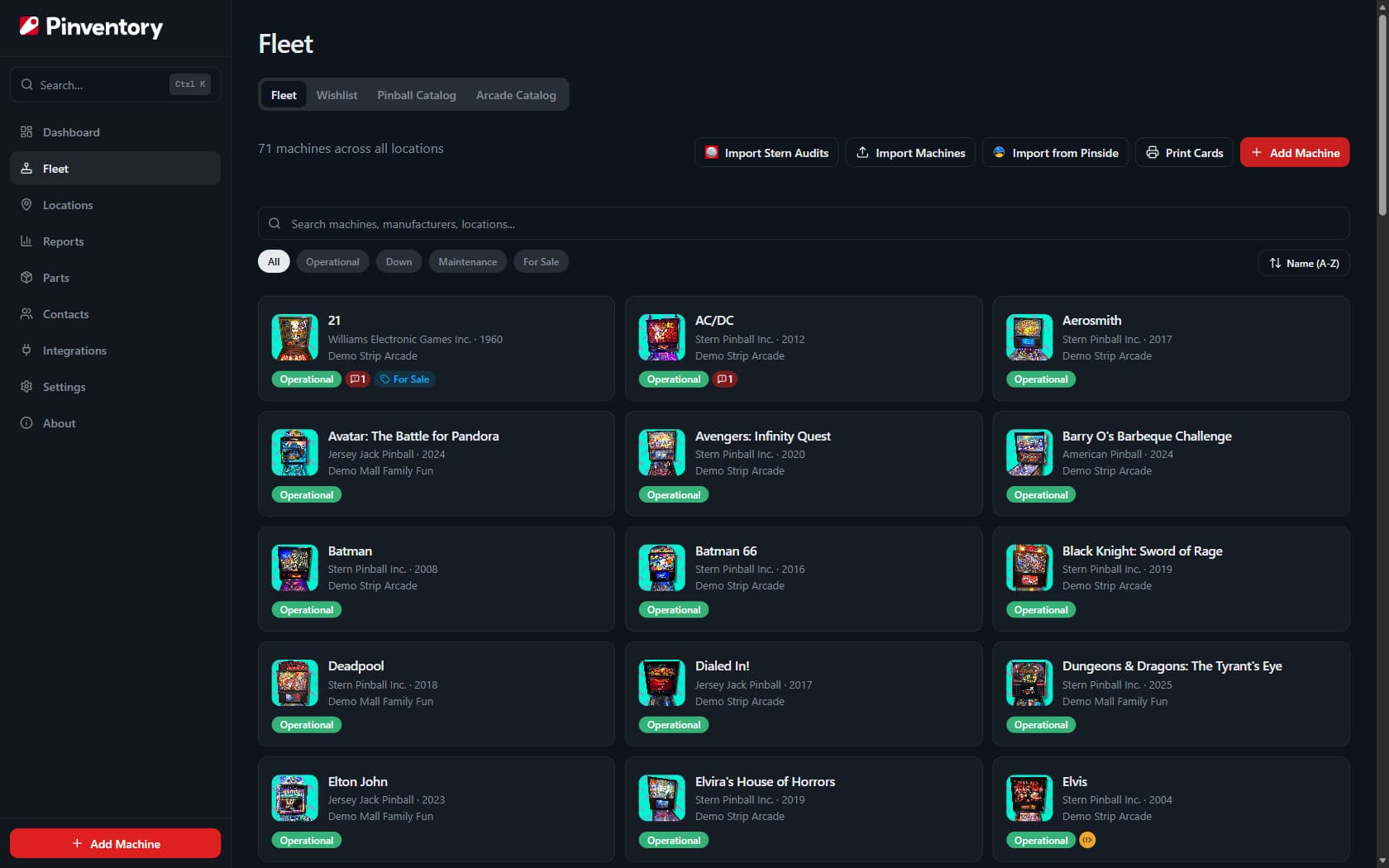 Pinventory's fleet view listing machines across locations with operational status