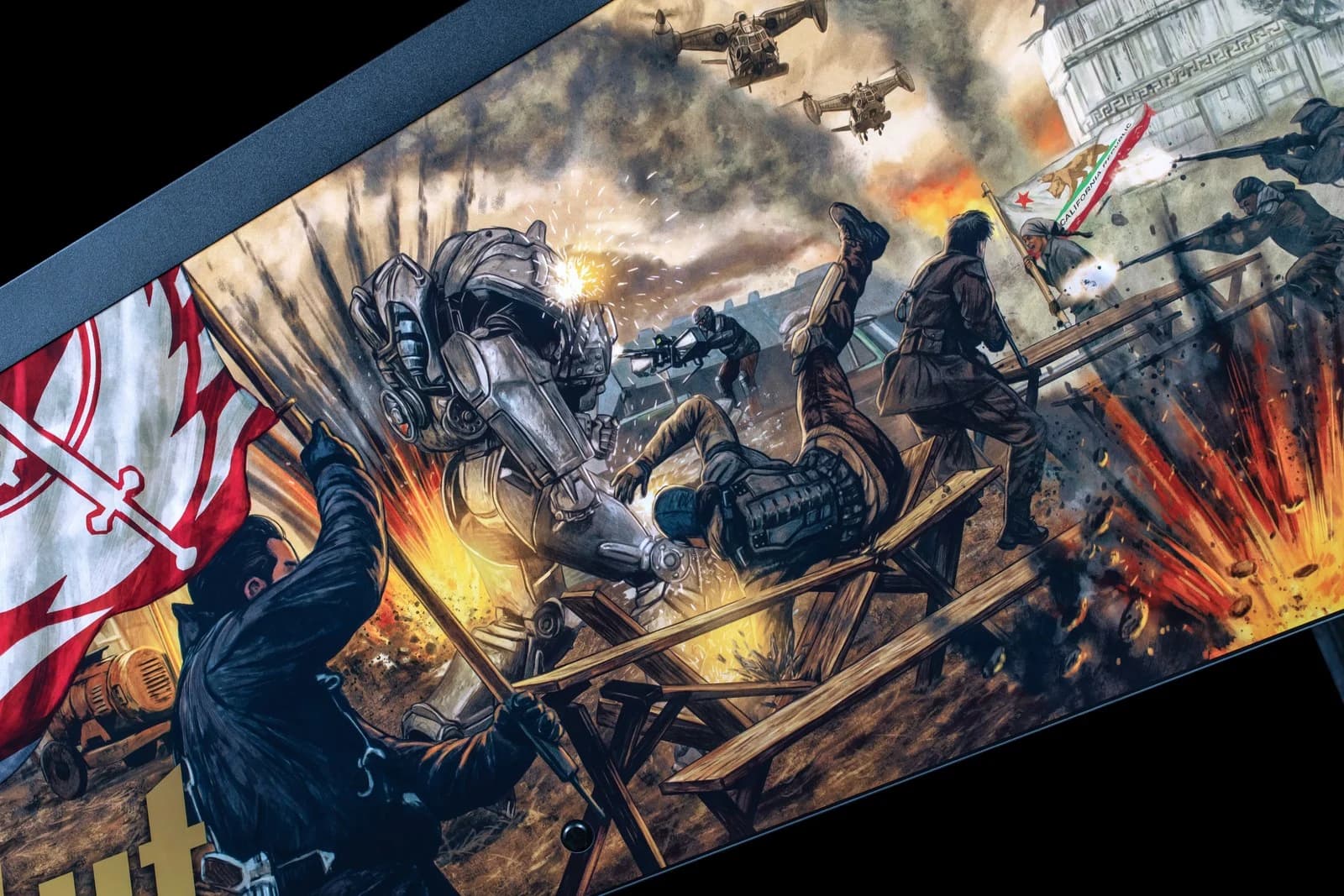 Premium side cabinet art: Maximus in power armor against the Deathclaws
