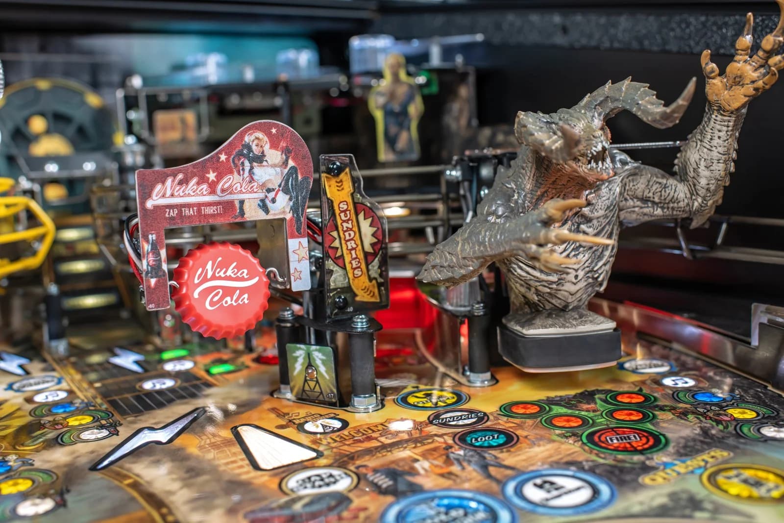 The Deathclaw bash toy on the Premium, Nuka-Cola sign at left