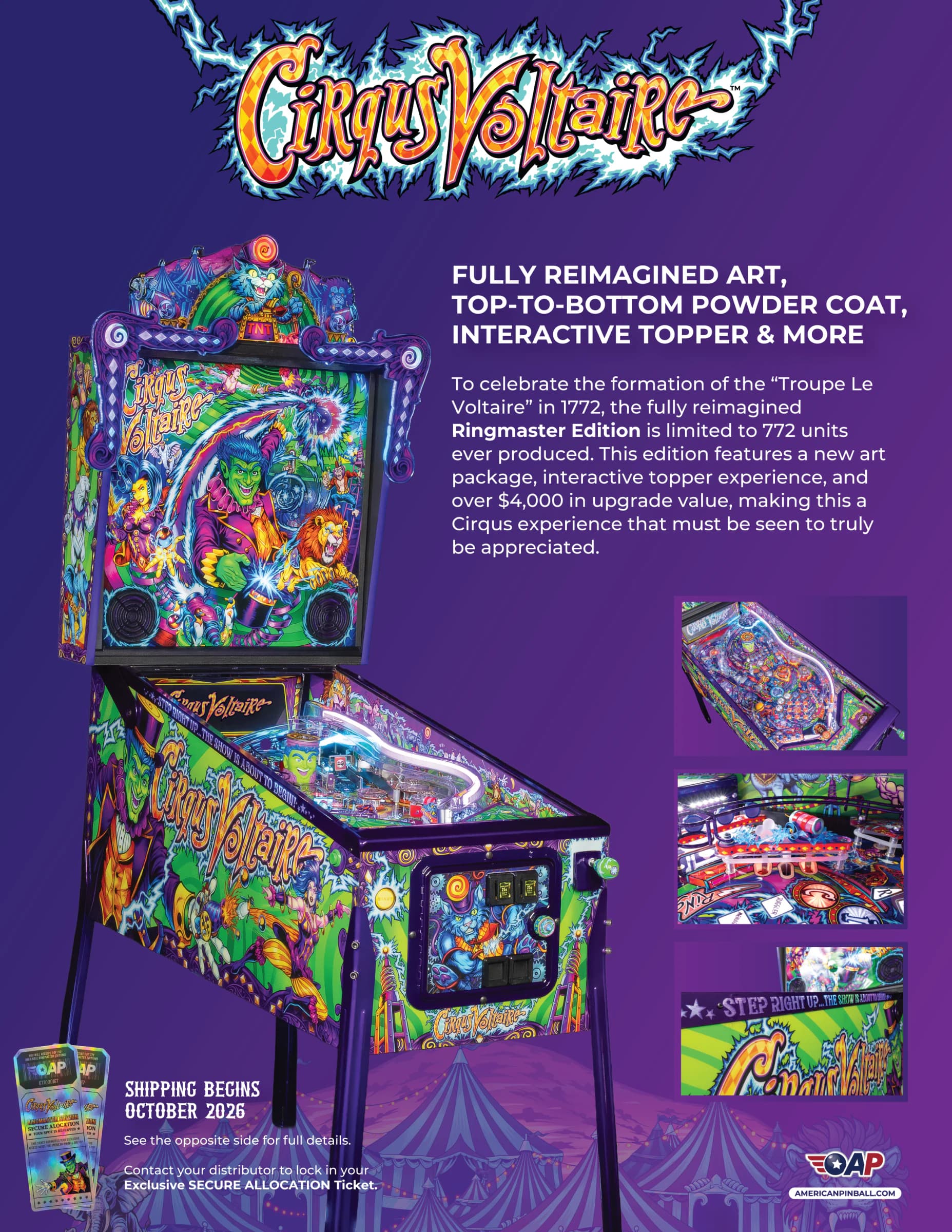 American Pinball Cirqus Voltaire flyer, front