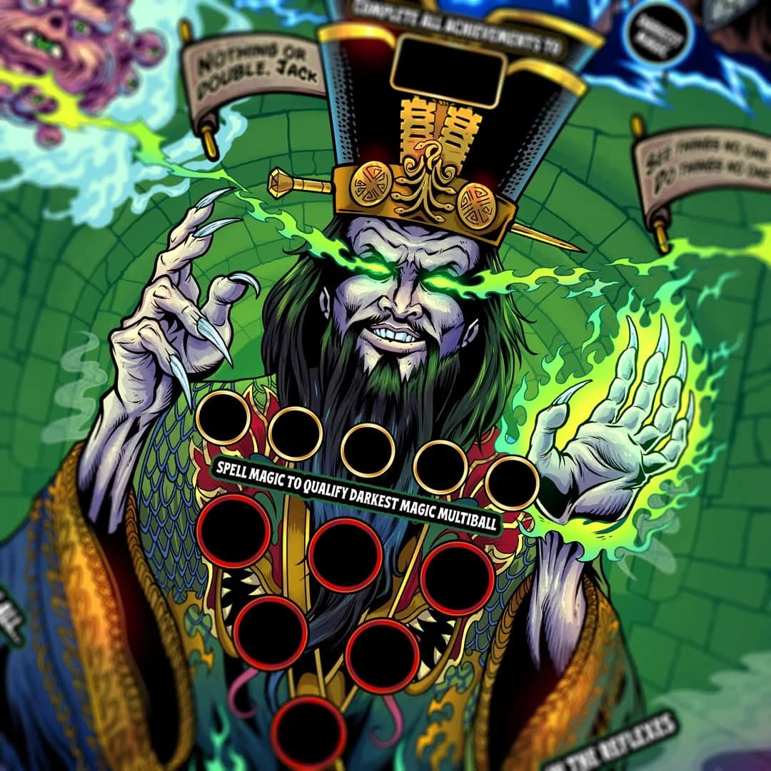 Close-up of Brian Allen's Big Trouble in Little China playfield art: Lo Pan with glowing green eyes and long clawed fingers, insert holes running down his robe under the words Spell Magic to Qualify Darkest Magic Multiball