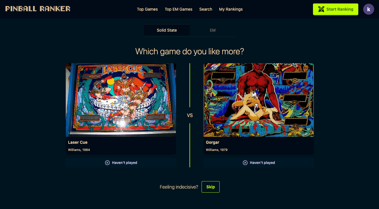 Pinball Ranker's head-to-head screen asking which game you like more, Laser Cue versus Gorgar