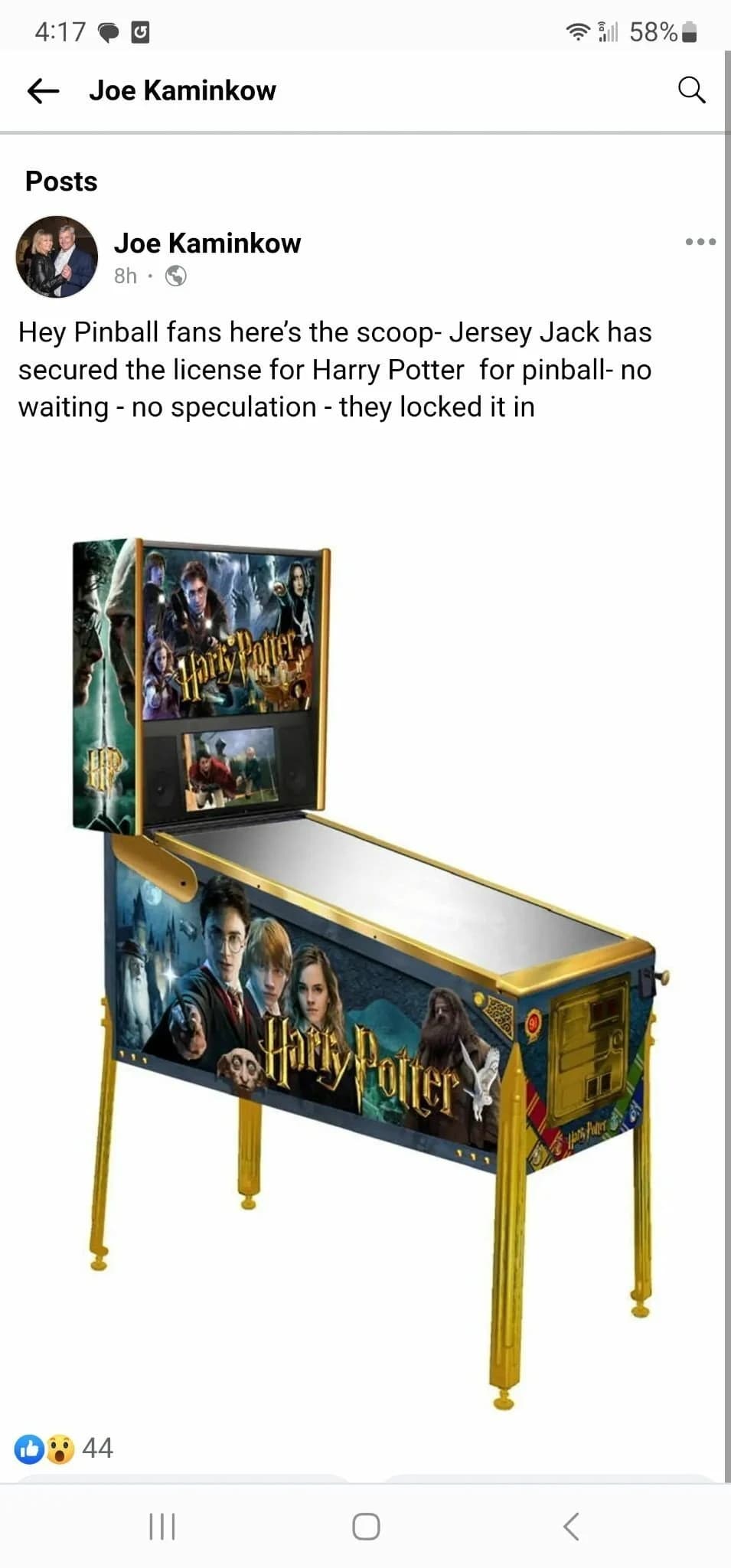 Screenshot of a Facebook post from Joe Kaminkow reading "Hey Pinball fans here's the scoop- Jersey Jack has secured the license for Harry Potter for pinball- no waiting - no speculation - they locked it in," with a rendering of the Harry Potter pinball machine below.