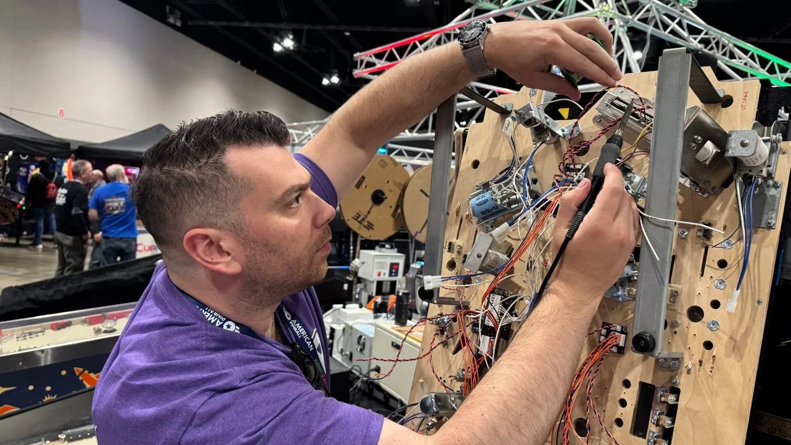 Aaron Small soldering on a Jack Danger homebrew.