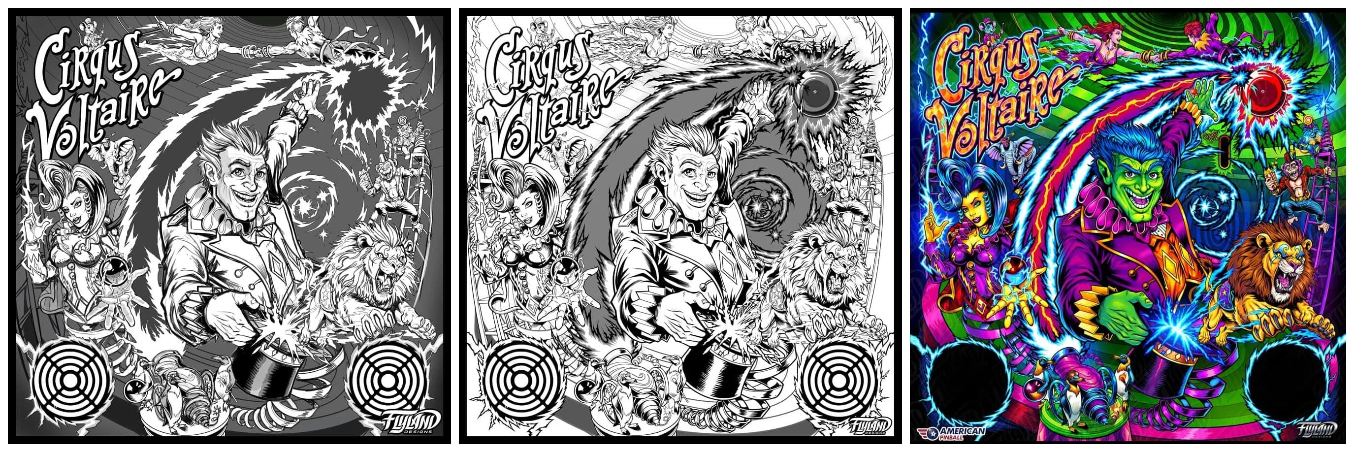 Three stages of Brian Allen's Cirqus Voltaire backglass side by side: gray pencils, black-and-white inks with a human showman at center, and the final color art with the green-skinned Ringmaster in the same pose