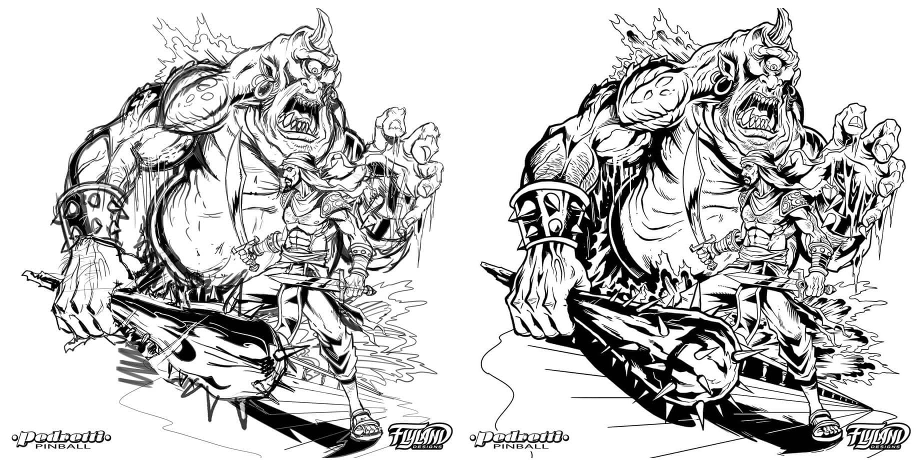 Two black-and-white drafts of the cyclops and a sword-wielding hero from Brian Allen's Tales of the Arabian Nights playfield: loose pencils on the left, finished inks on the right