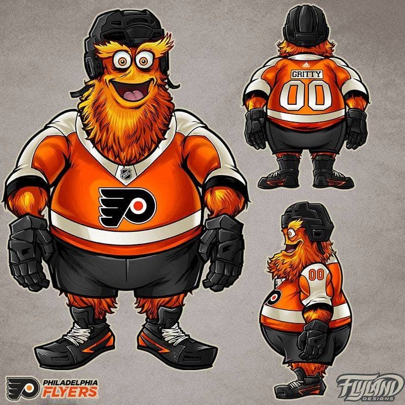 Brian Allen's turnaround drawing of Gritty, the Philadelphia Flyers mascot, shown from the front, back and side in an orange Flyers jersey with GRITTY 00 on the back