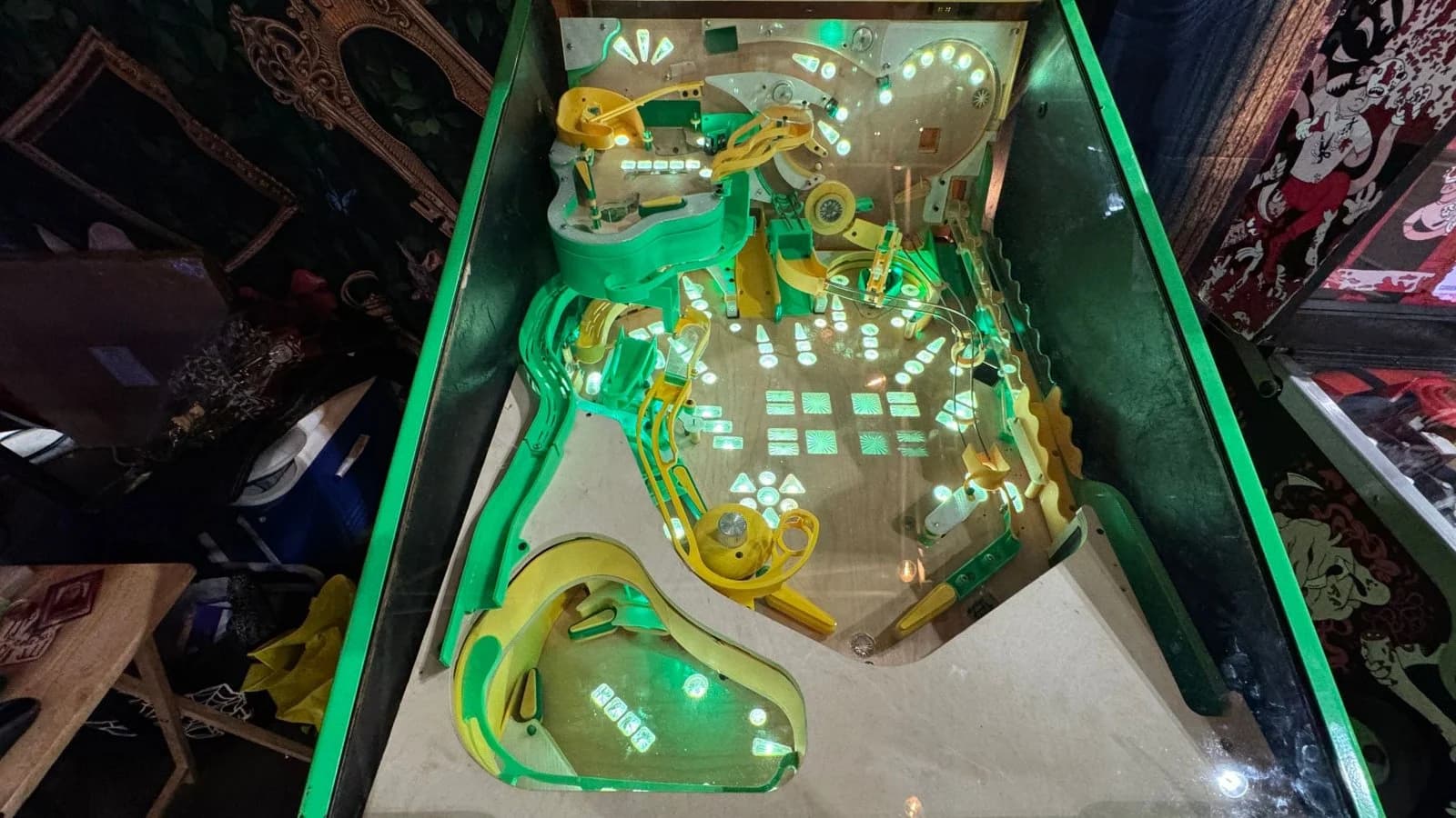 A homebrew playfield lit in green