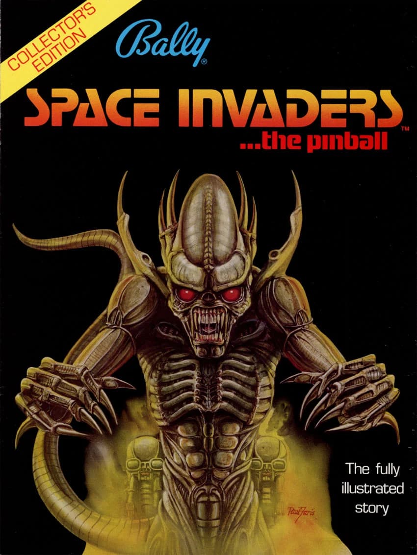 Cover of Bally's Space Invaders pinball Collector's Edition booklet: a horned, skeletal alien with red eyes