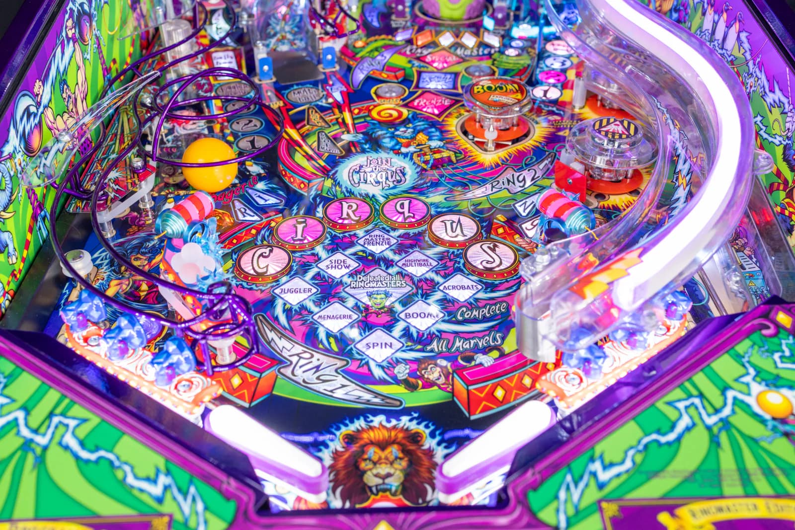 Lower playfield with the CIRQUS targets and mode inserts