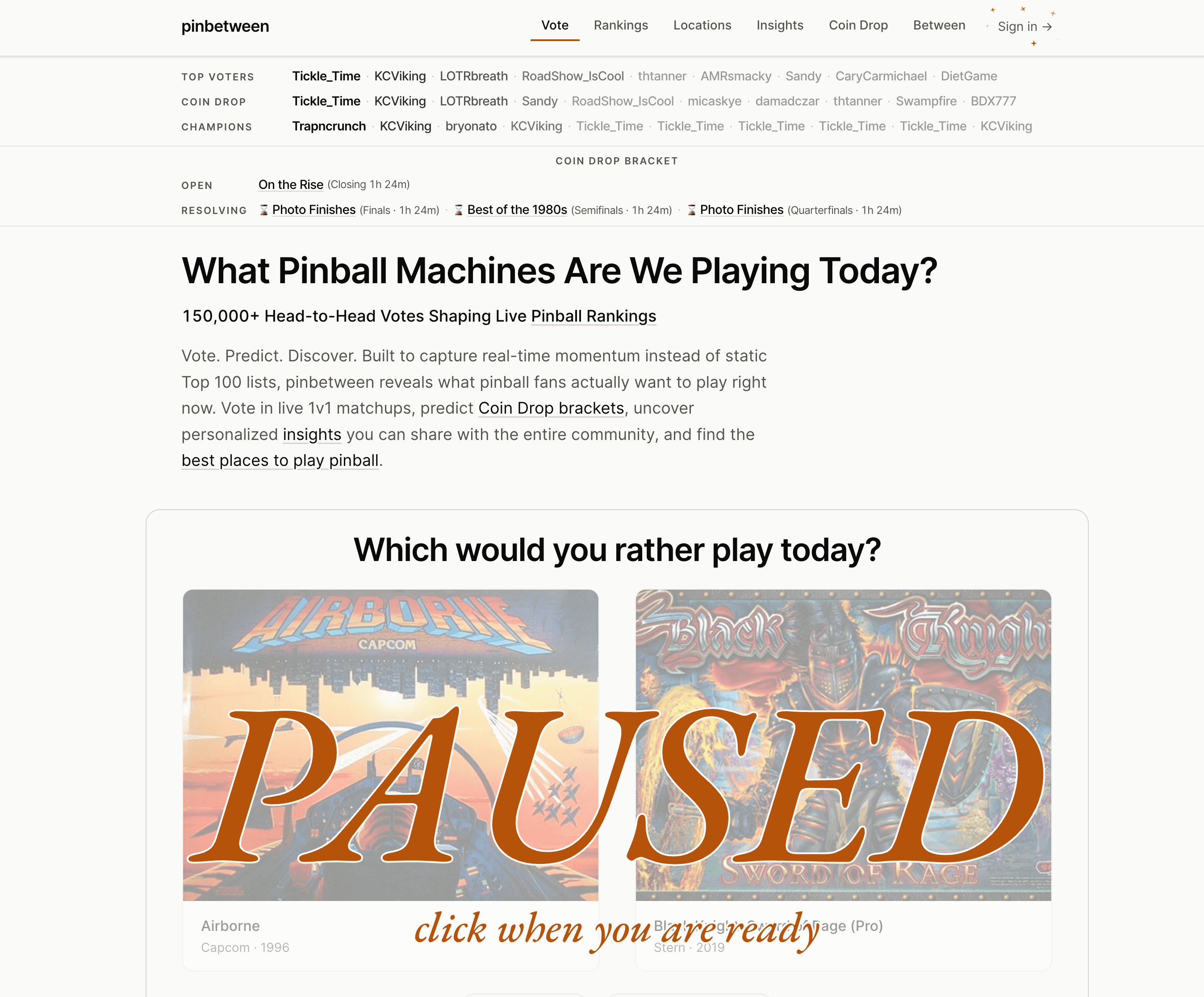 The pinbetween home page showing a head-to-head vote between Airborne and Black Knight: Sword of Rage