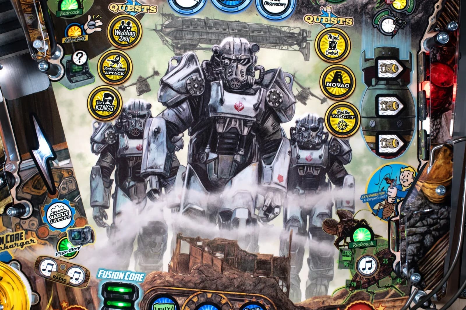 Brotherhood of Steel power armor art on the Pro playfield, where the Premium's vault sits