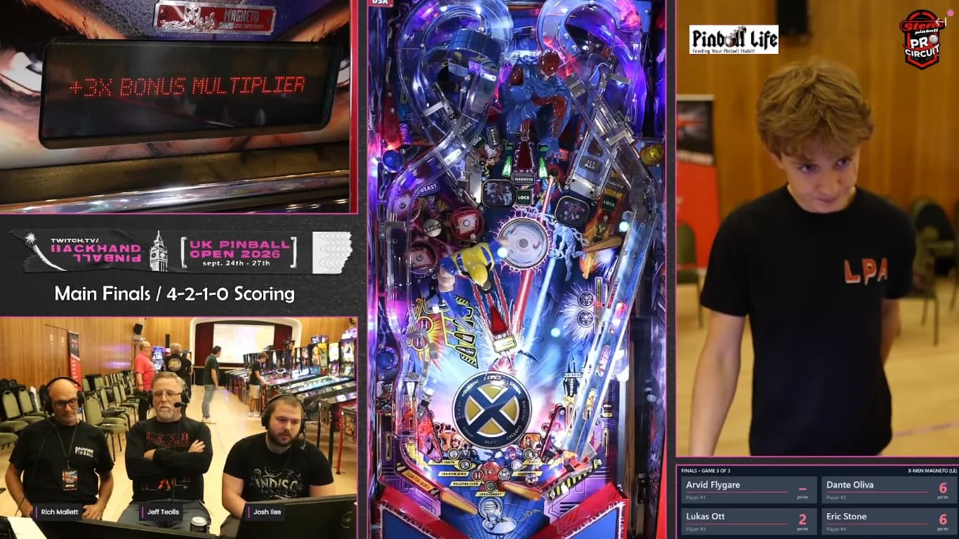 Stream frame of the UK Pinball Open finals showing Arvid Flygare playing X-Men