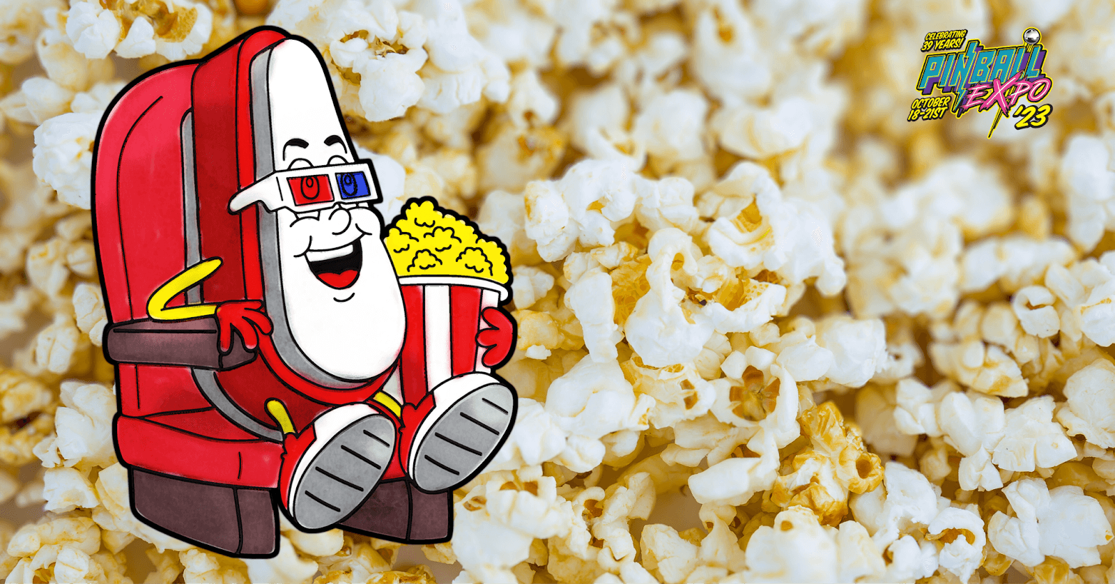 Cartoon character in 3D glasses enjoying popcorn at Pinball Expo 2023