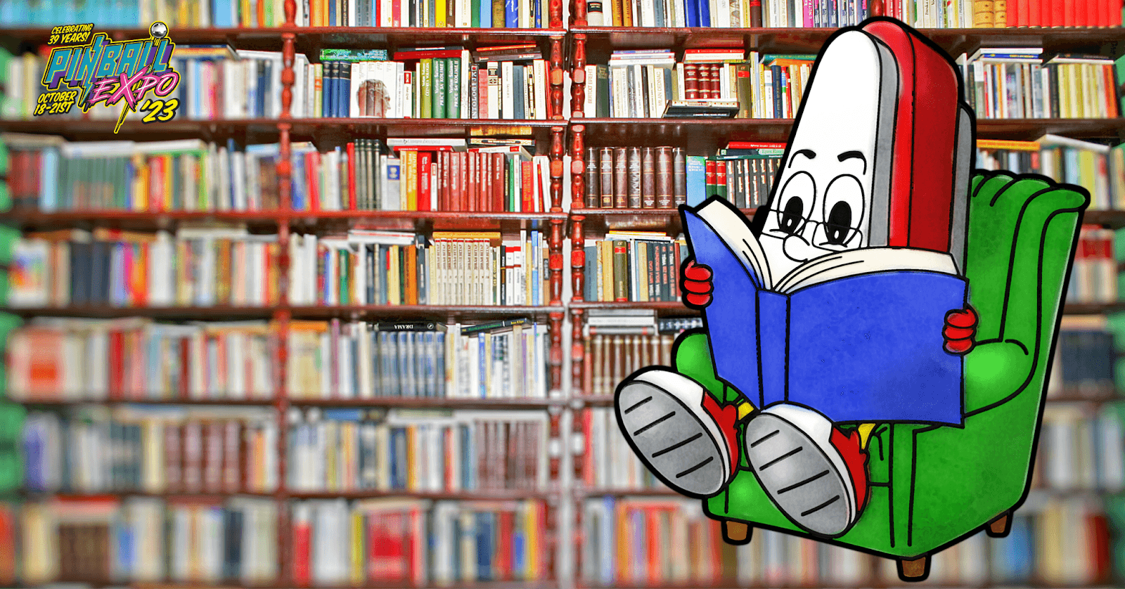 Cartoon character reading blue book in green chair surrounded by library shelves