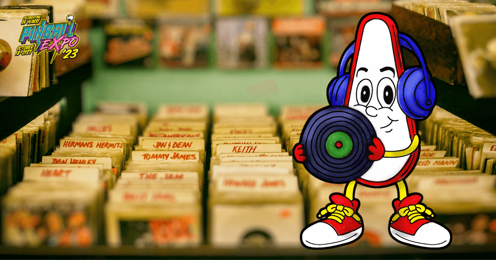 Cartoon vinyl record character with headphones at Pinball Expo