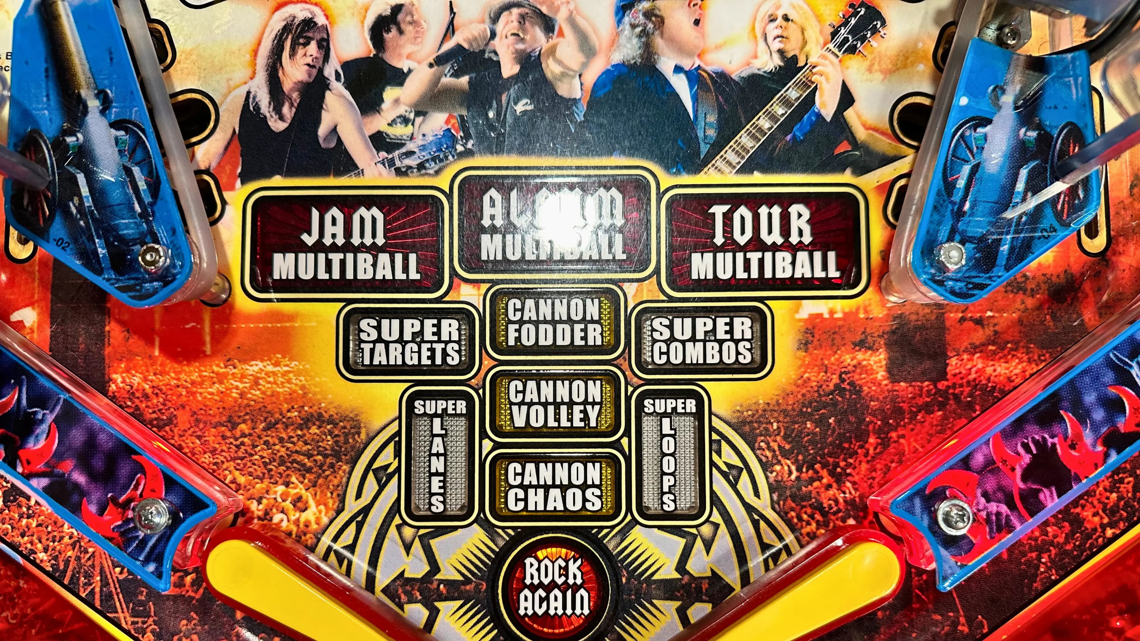 Rock band pinball machine with musicians and multiball game targets