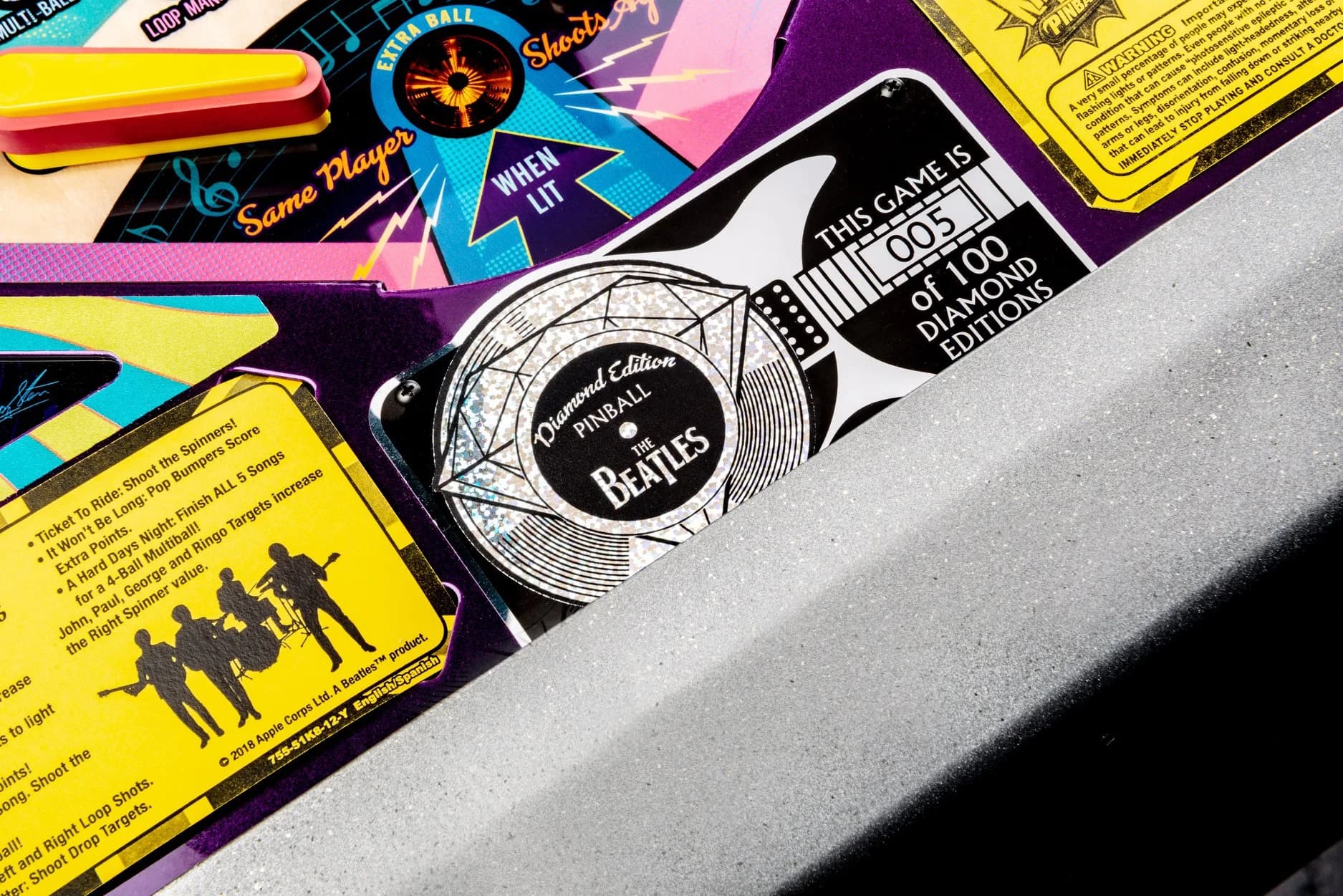 Beatles-themed pinball machine with colorful game instructions and design