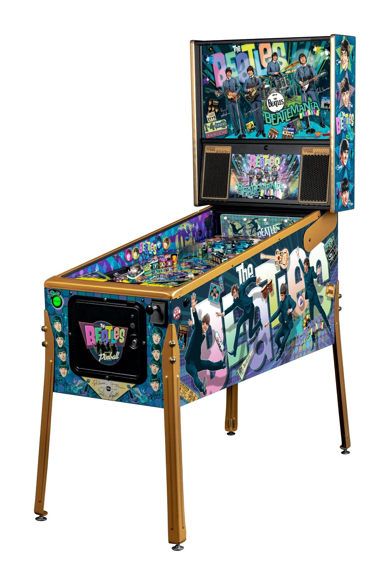 Beatles-themed pinball machine with colorful artwork and band members