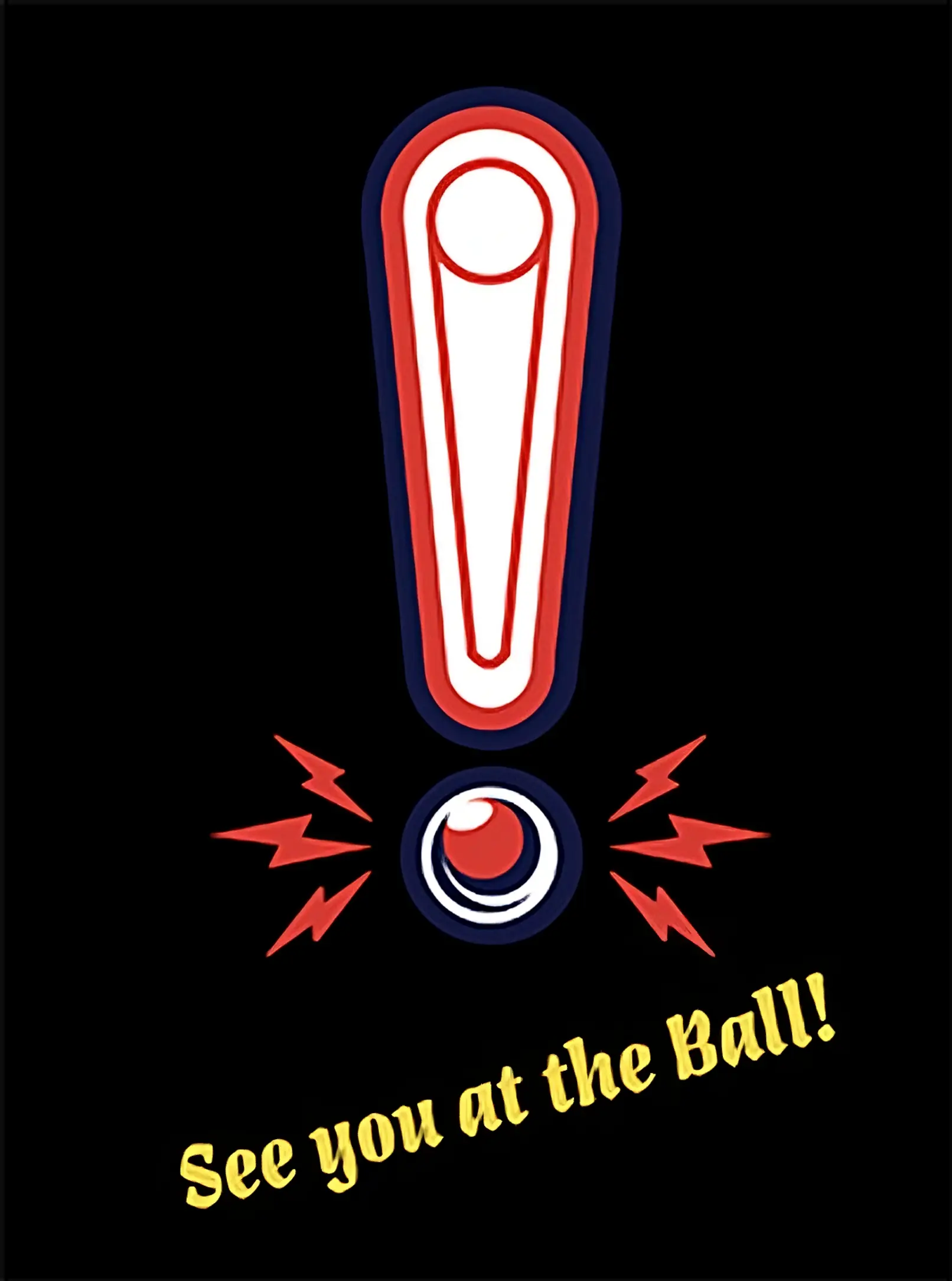 Stylized exclamation mark with lightning bolts and "See you at the Ball!" text