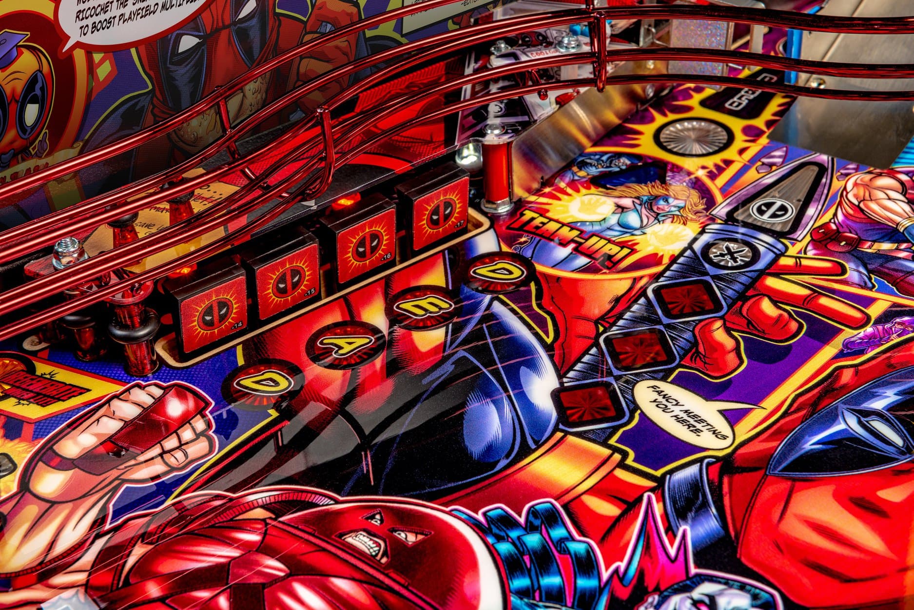Colorful Deadpool pinball machine with vibrant comic book-style artwork