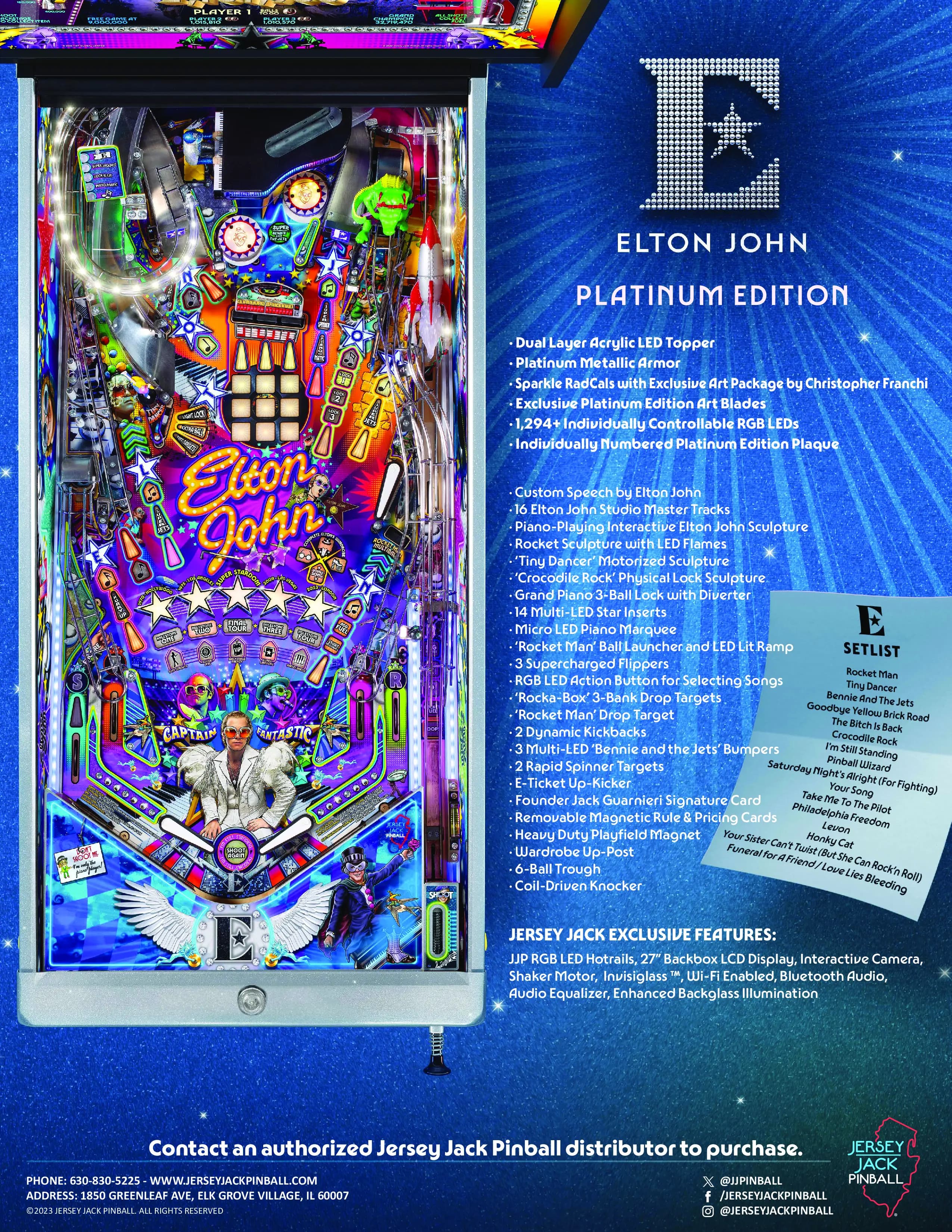 Colorful Elton John themed pinball machine with vibrant graphics and features
