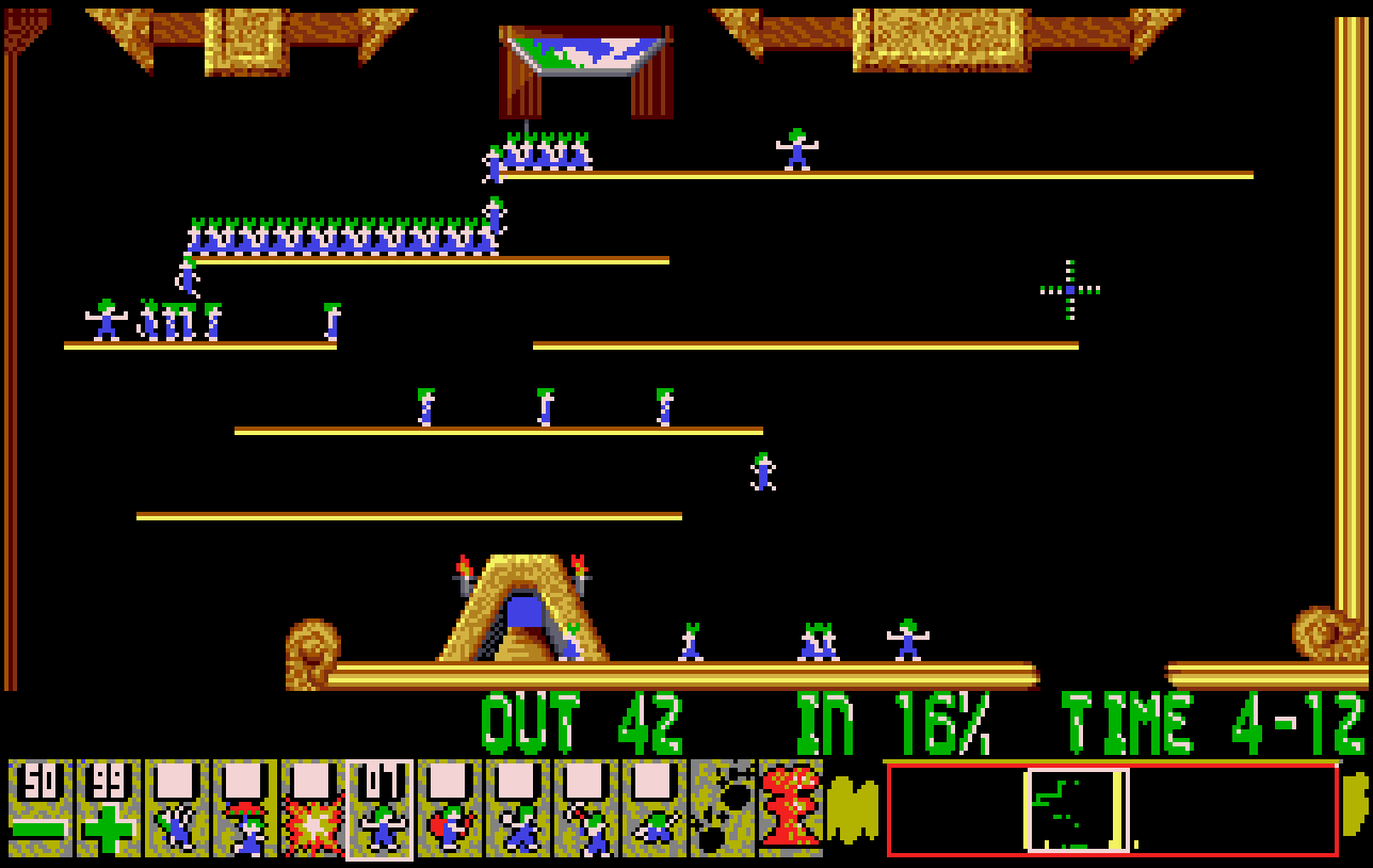 Retro pixel art game screen with characters on platforms and game timer