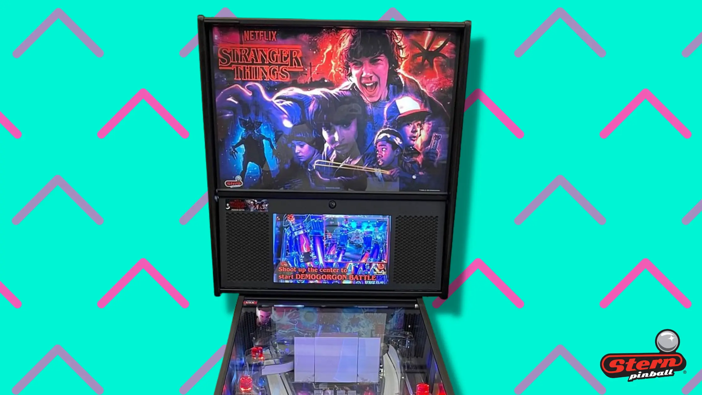 Stranger Things pinball machine with colorful show artwork and game screen