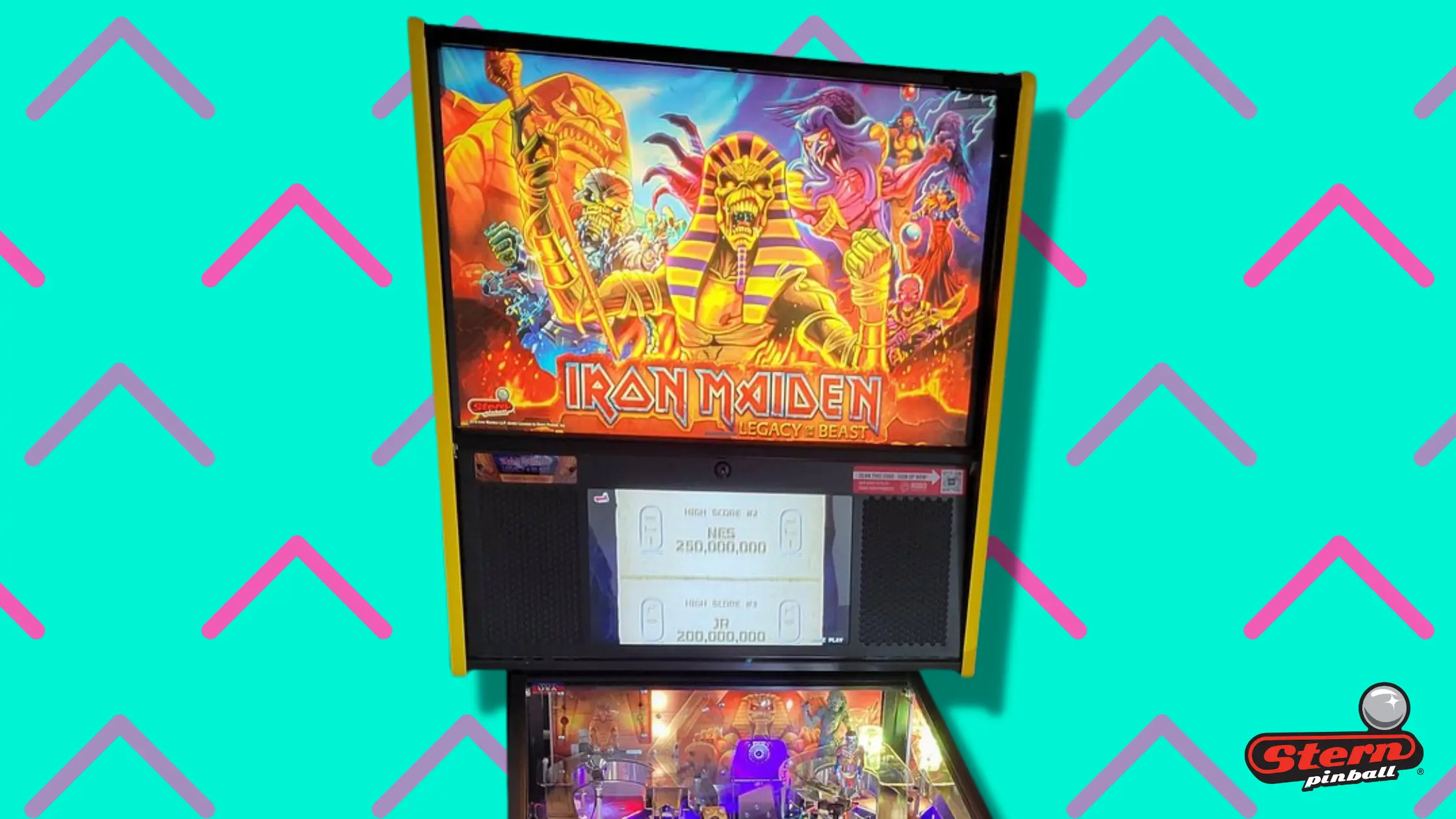 Iron Maiden Legacy of the Beast pinball machine with colorful artwork