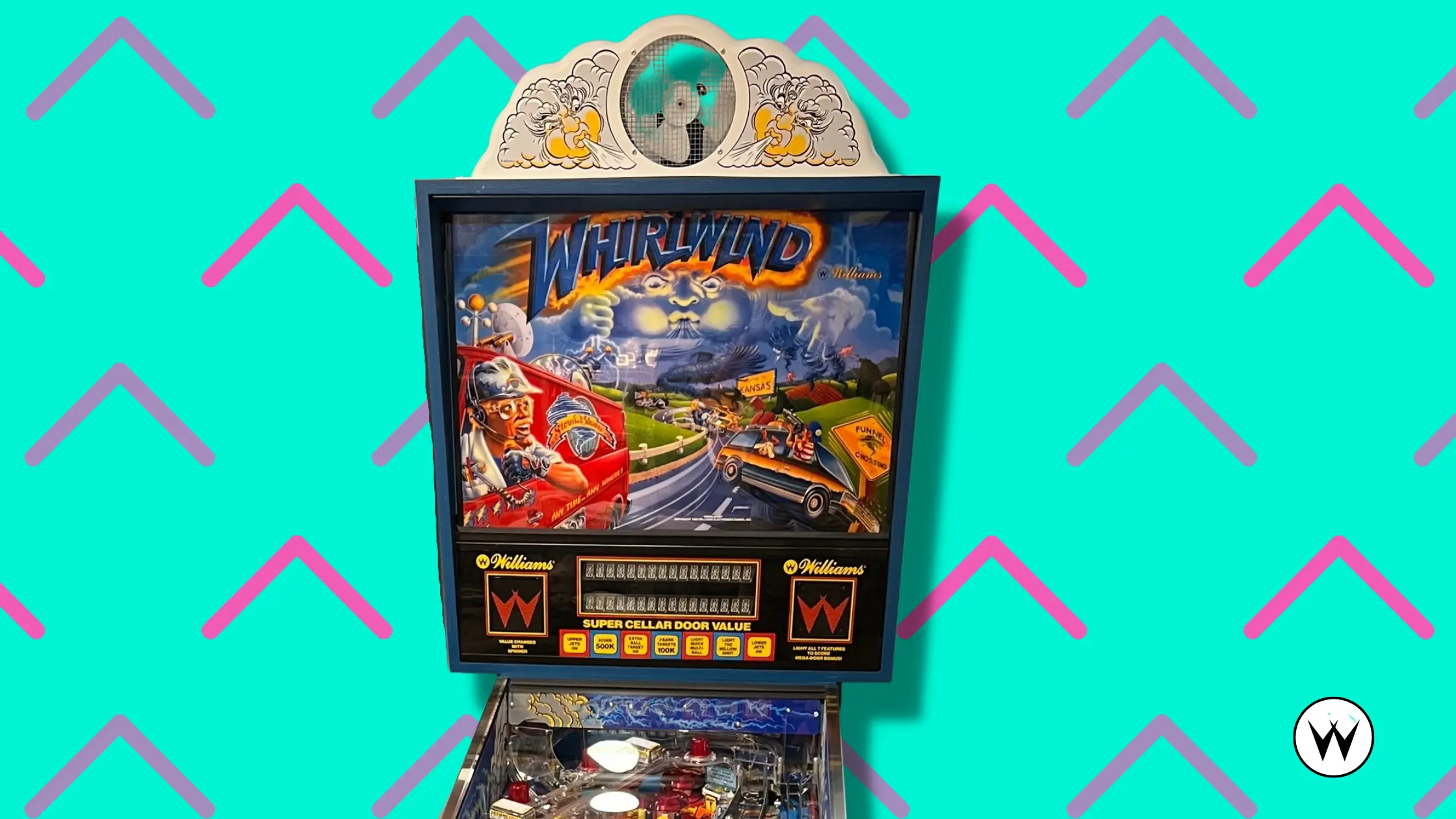 Vintage Whirlwind pinball machine with colorful racing artwork