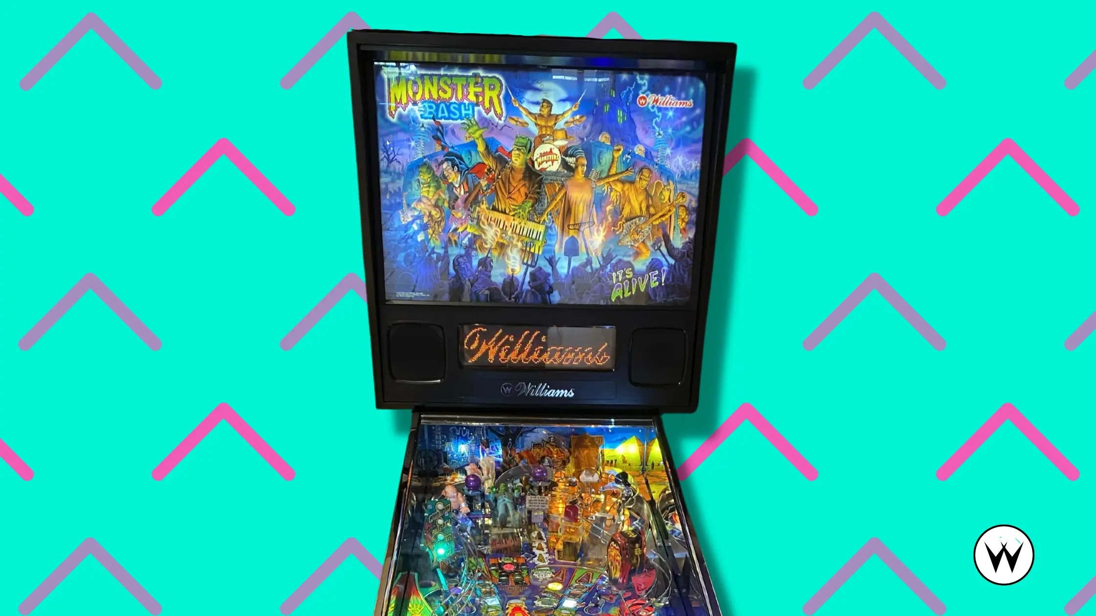 Monster Bash pinball machine with colorful horror-themed playfield and backglass