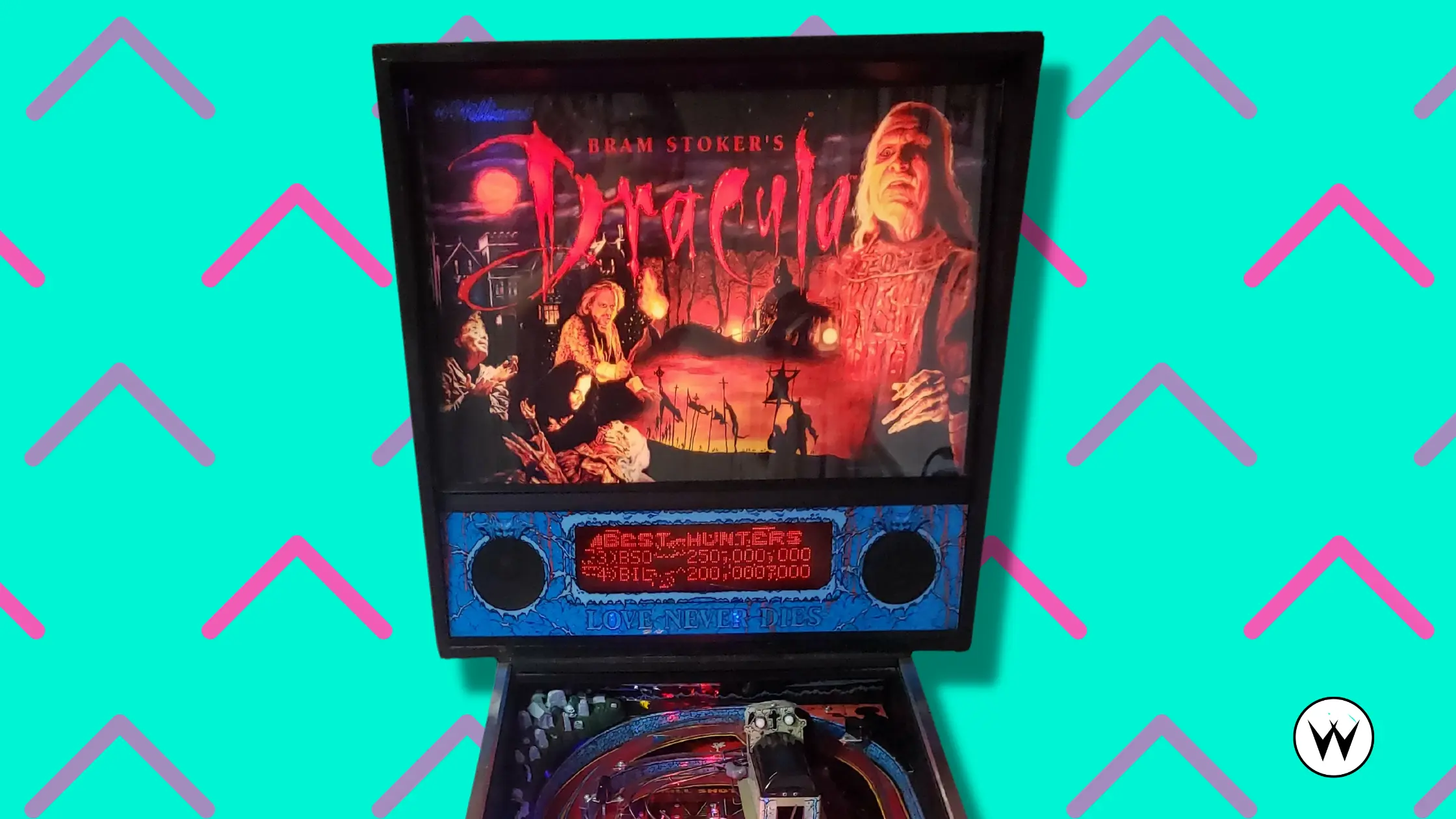 Bram Stoker's Dracula pinball machine with dramatic red and black artwork