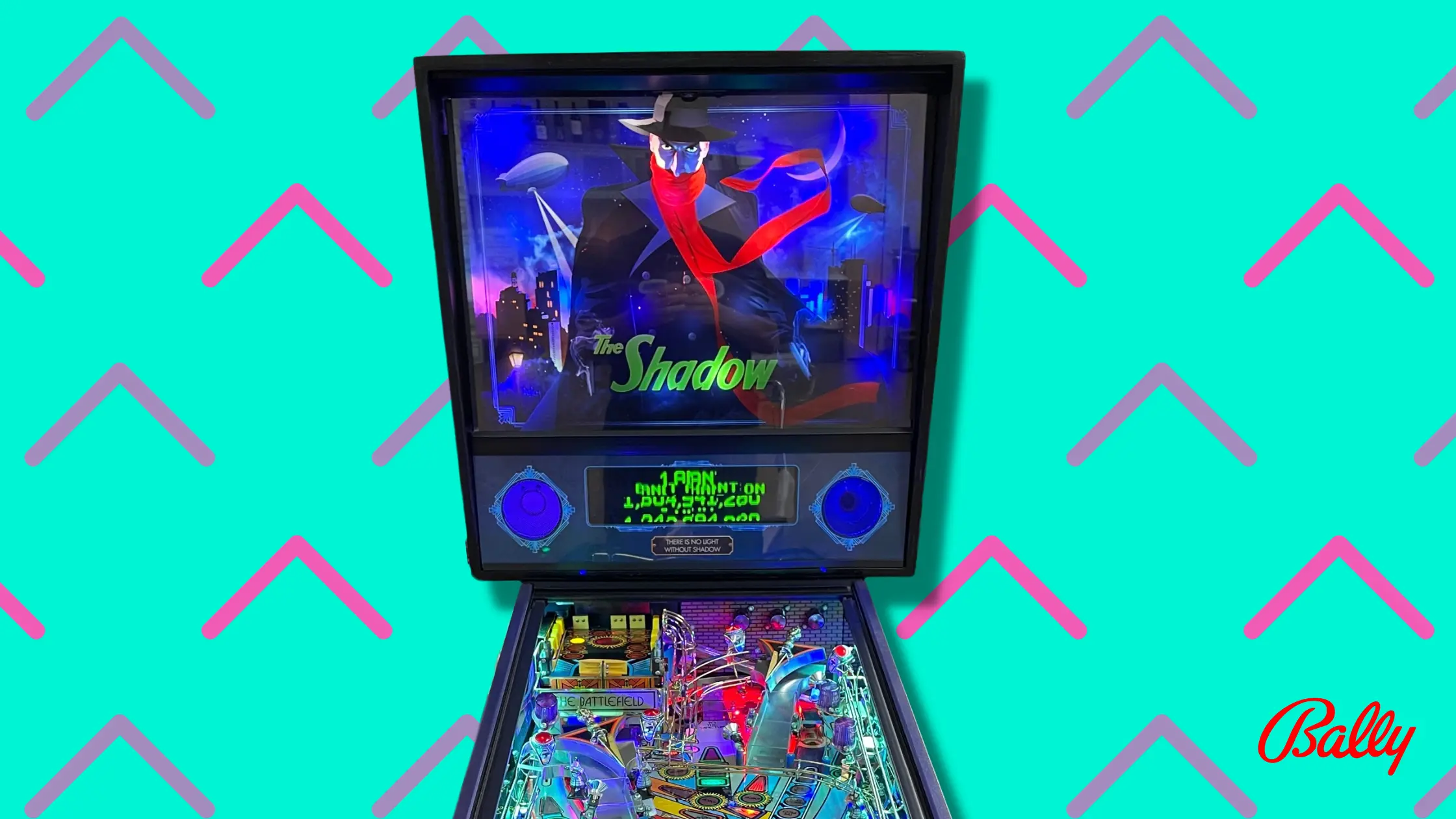 The Shadow pinball machine with noir-style hero against city skyline