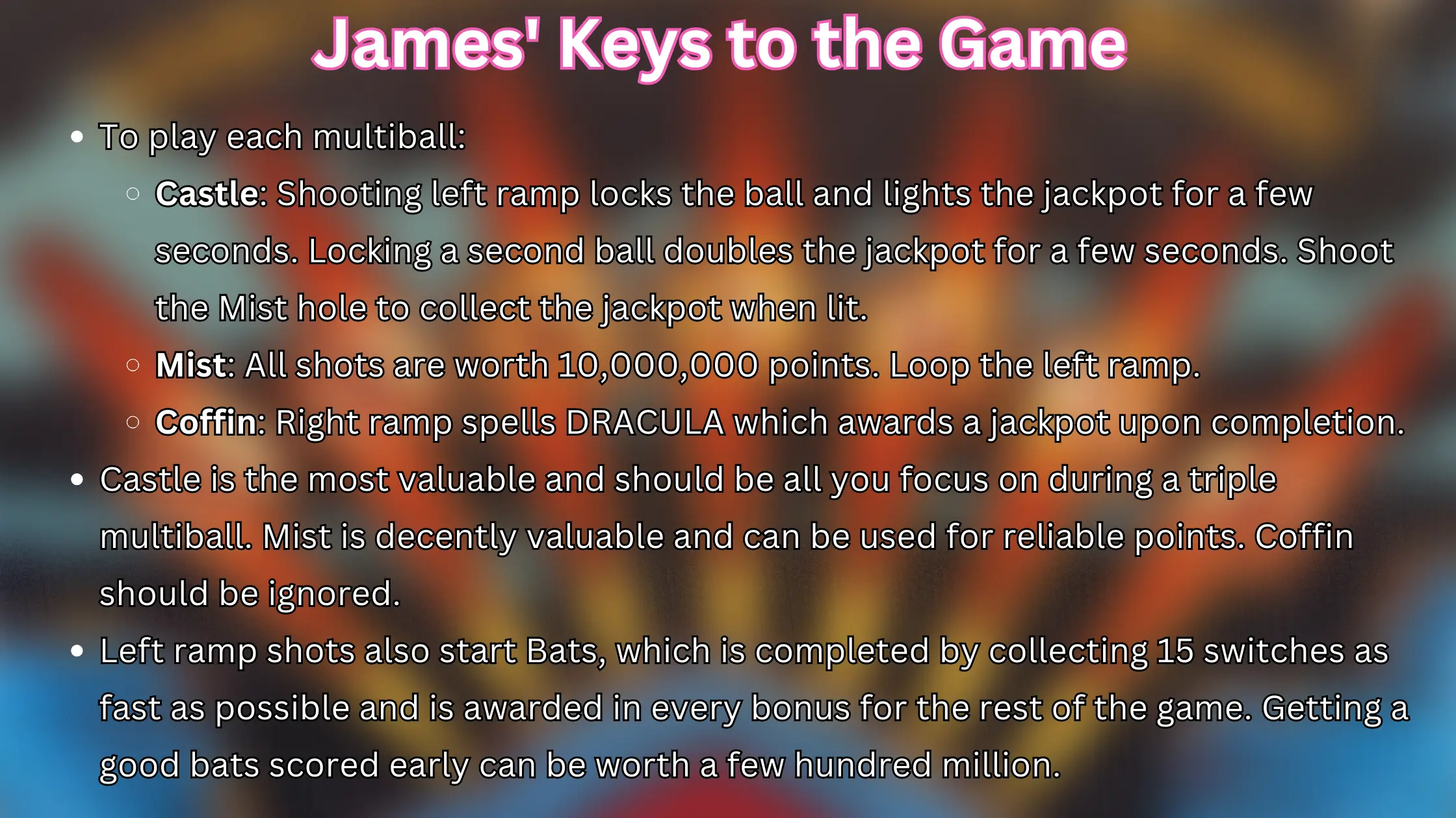 Pinball strategy guide explaining gameplay mechanics for Castle, Mist, and Coffin