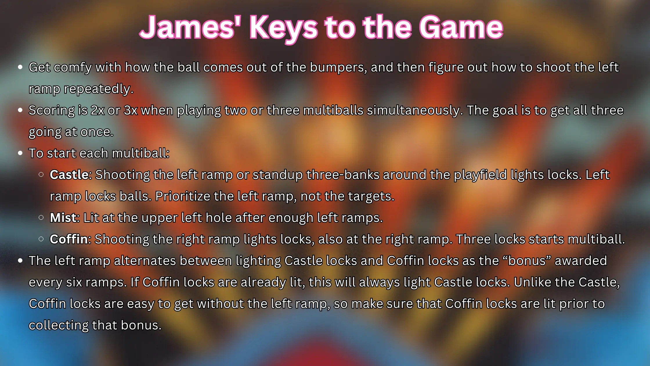 Pinball strategy guide with tips for playing multiball and targeting ramps