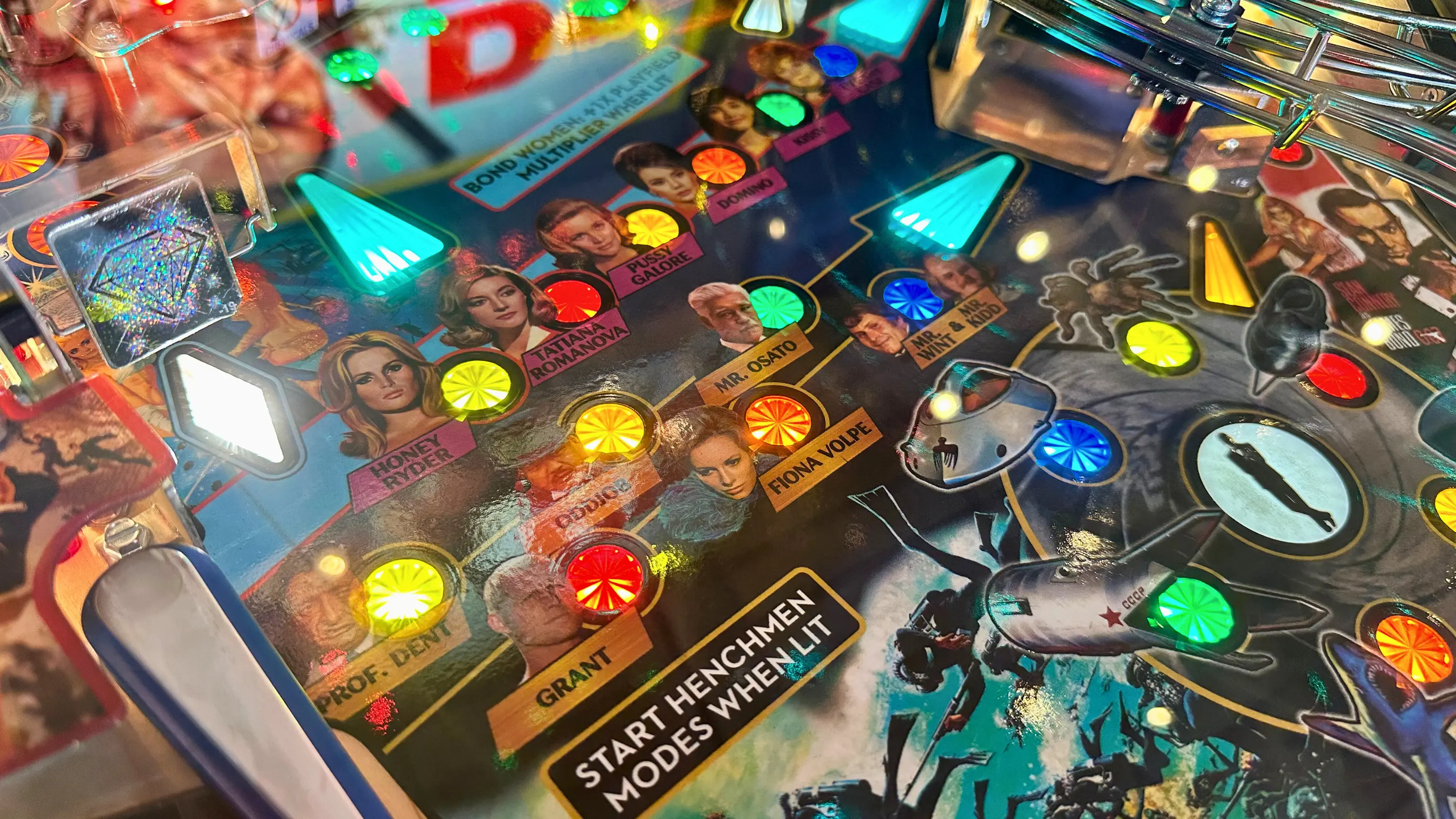 Colorful James Bond themed pinball machine with character portraits and lights