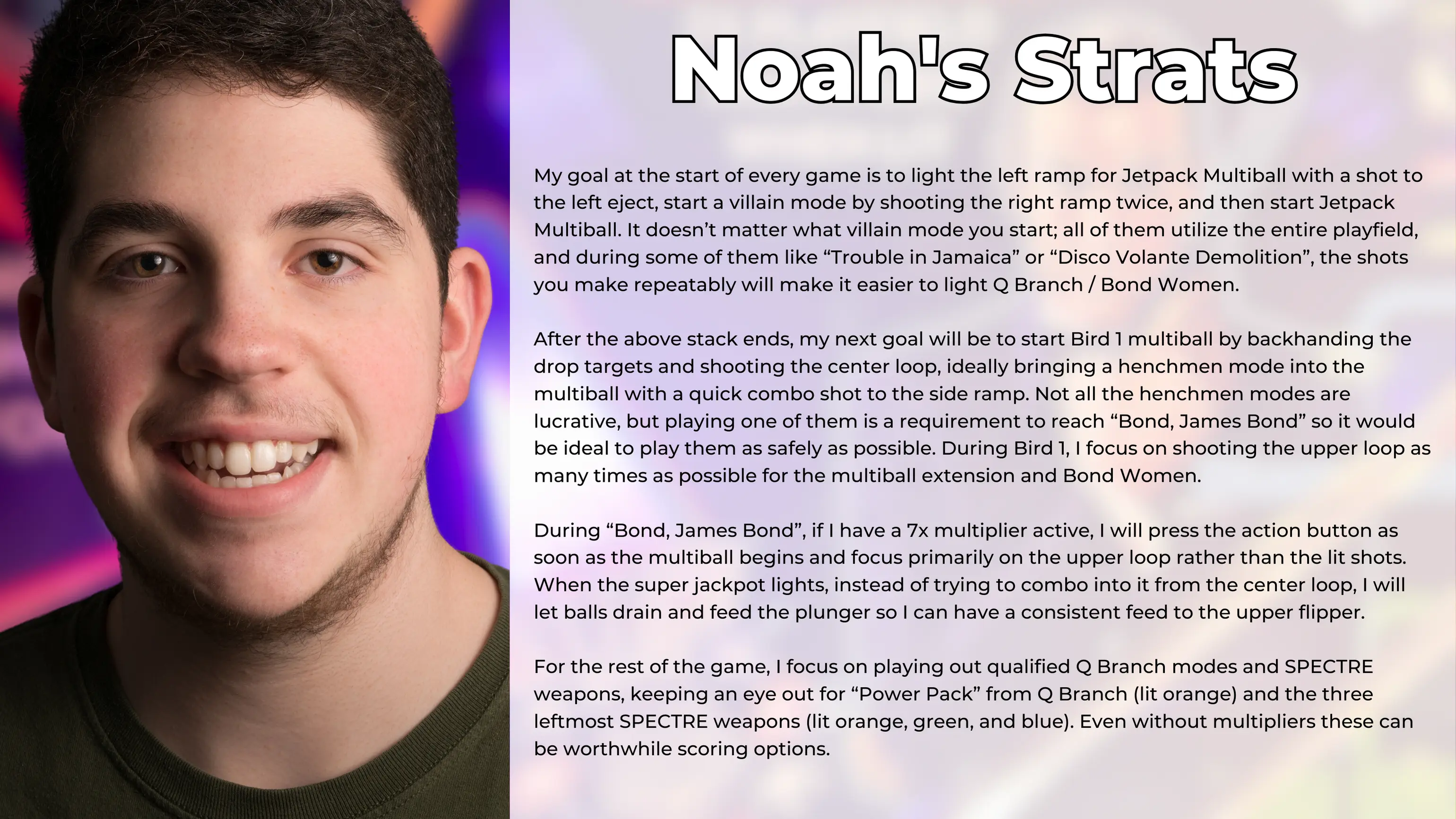 Smiling person next to detailed pinball game strategy guide titled Noah's Stats