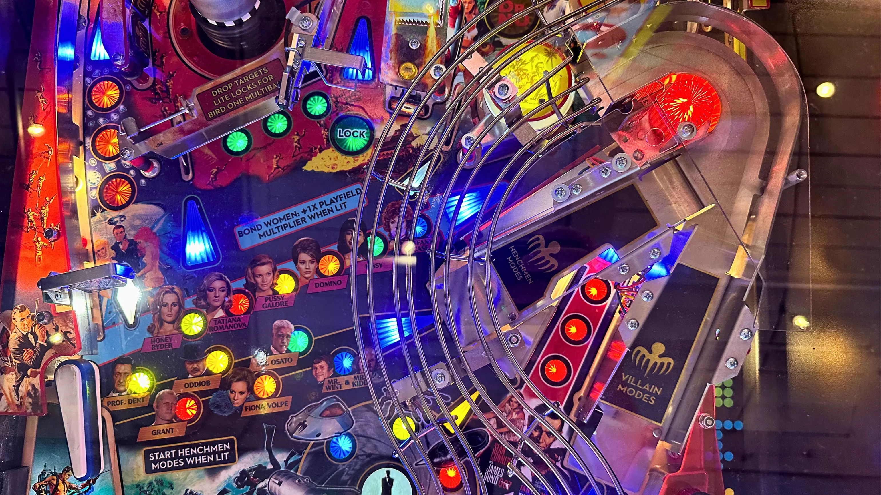 Colorful James Bond themed pinball machine with vibrant lights and characters