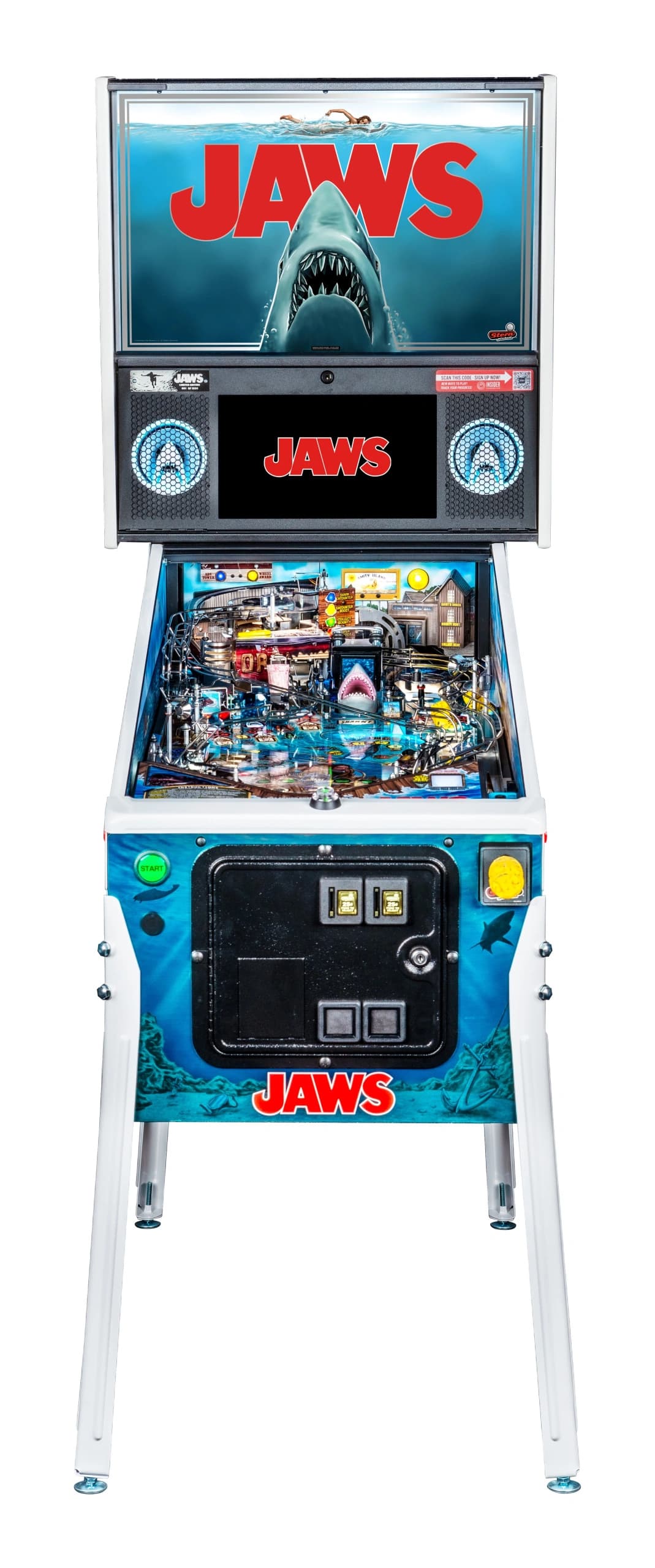 Jaws pinball machine with shark graphic and detailed playfield