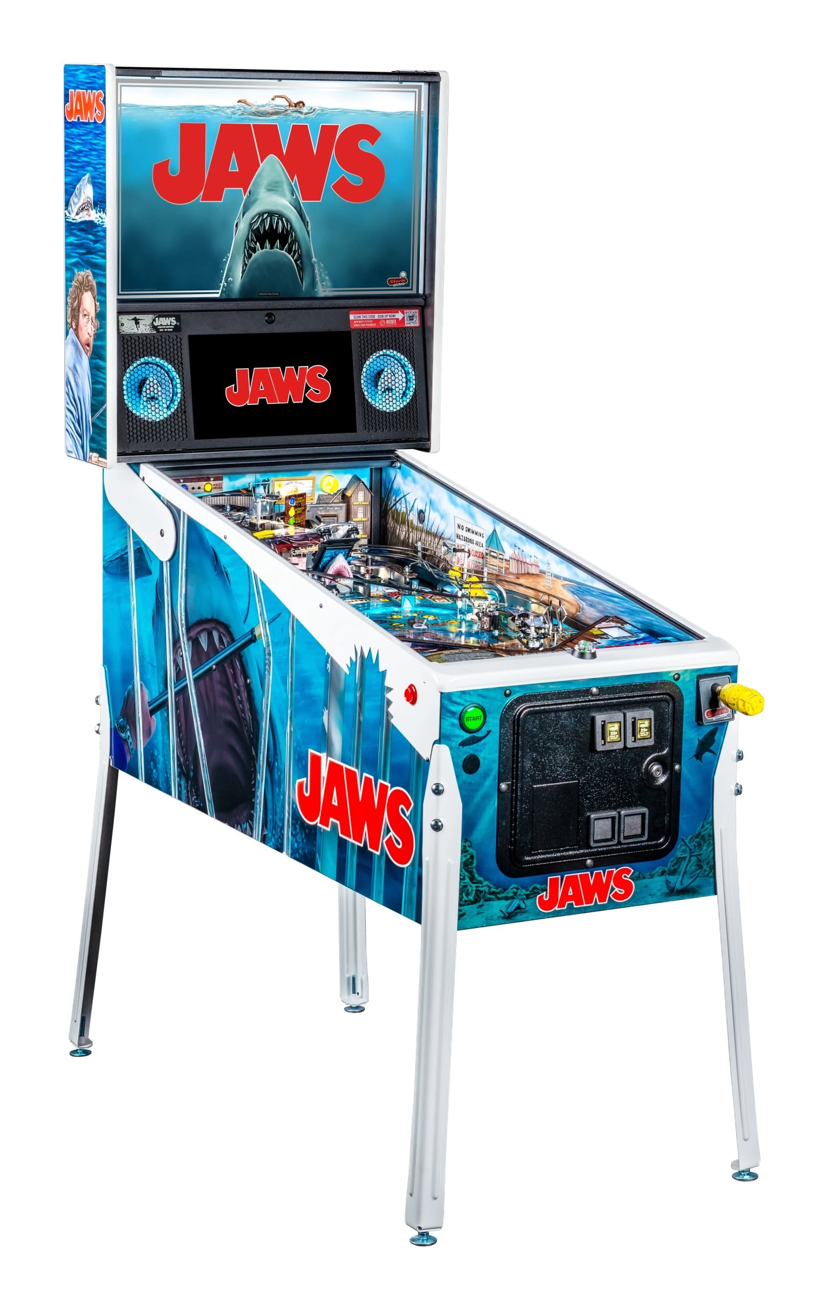 Jaws-themed pinball machine with shark graphic and movie-inspired playfield
